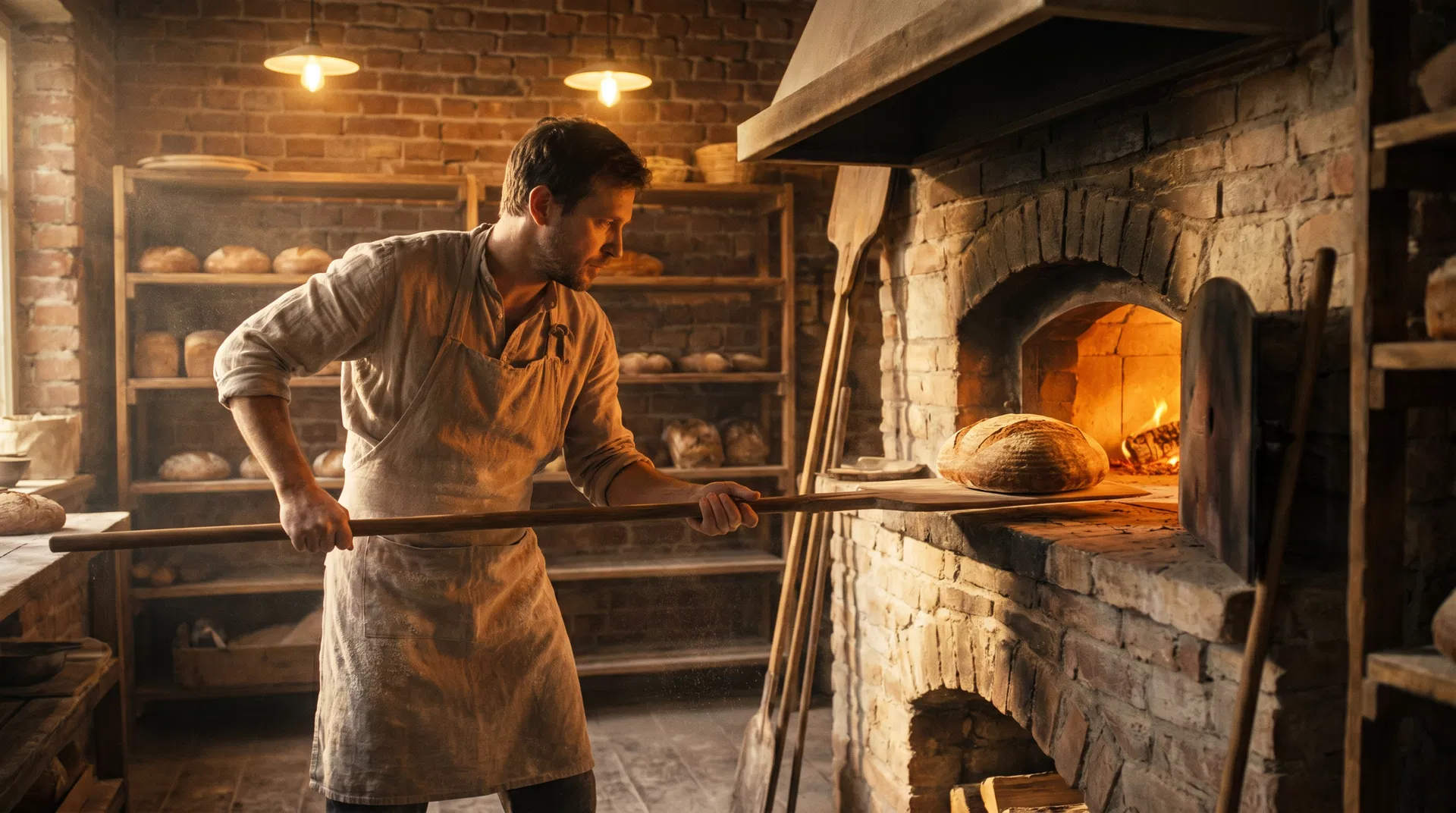 Artisan baker sliding sourdough bread into a stone wood-fired oven