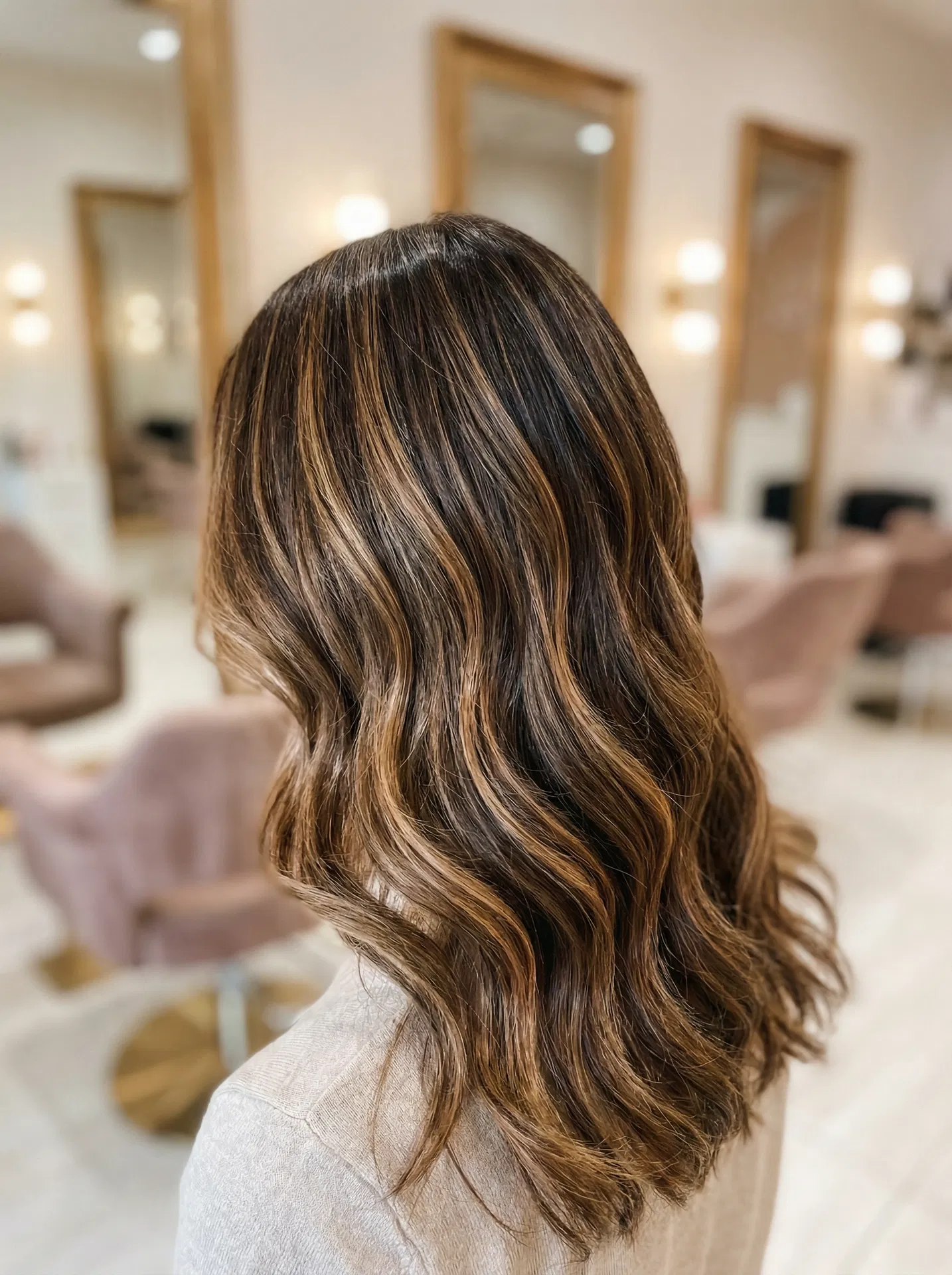 Beautiful balayage hair with sun-kissed honey and caramel tones at Warren Tricomi salon NYC