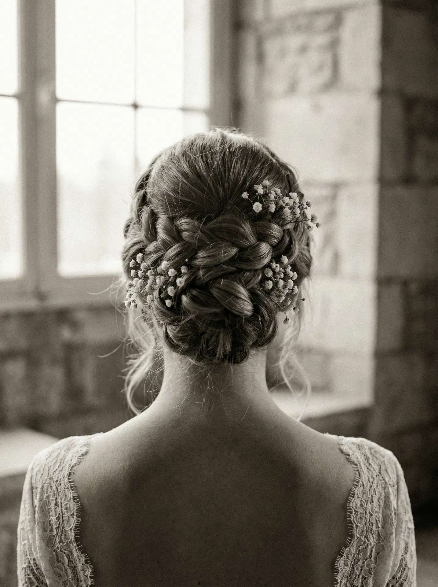 Elegant bridal updo hairstyle with braided chignon and baby's breath flowers at Warren Tricomi