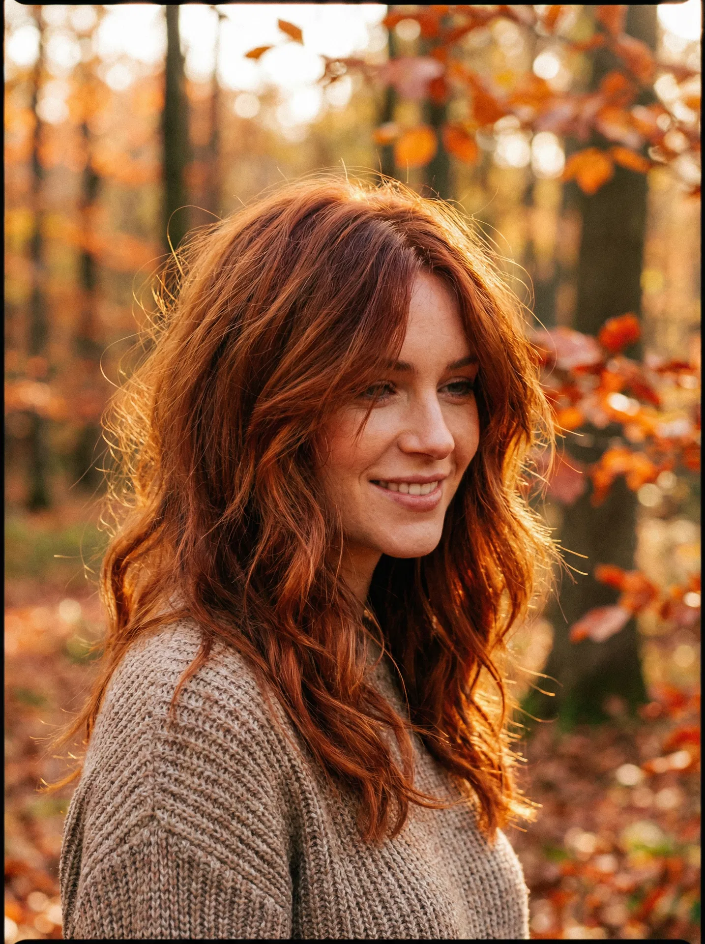 Beautiful autumn-toned hair color with rich copper and warm auburn highlights
