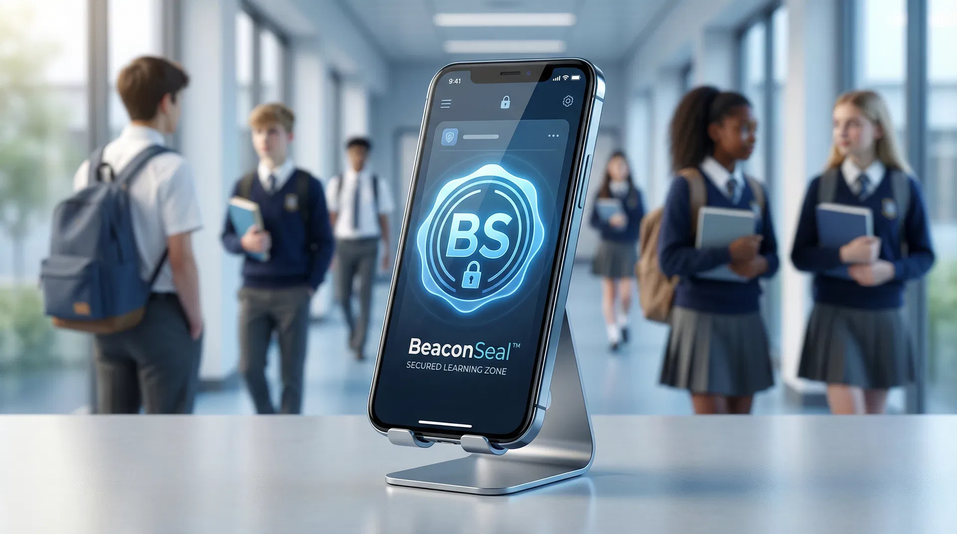 BeaconSeal product - sealed phone with students in school hallway