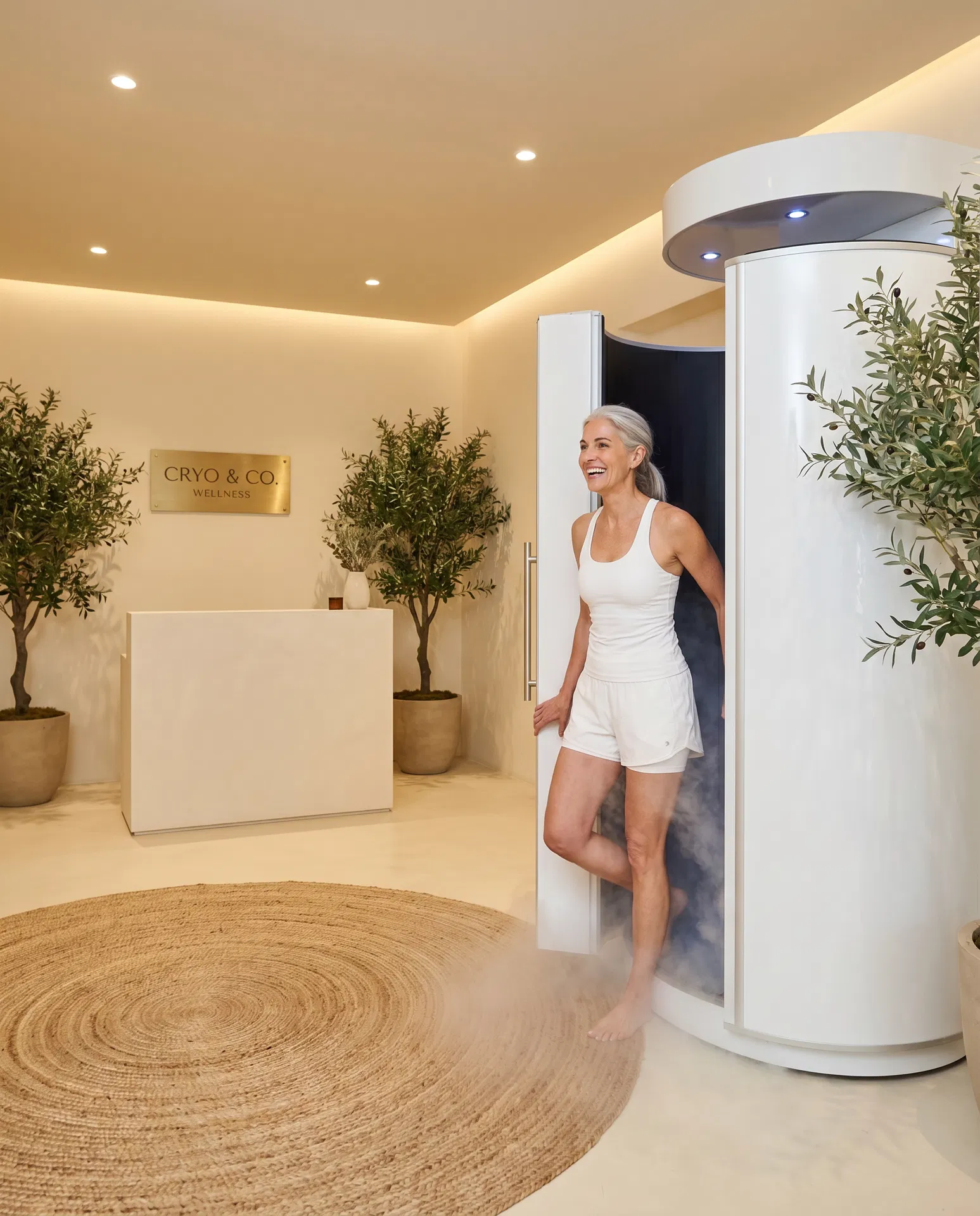 Woman in her 50s stepping out of a modern cryotherapy chamber with cool mist