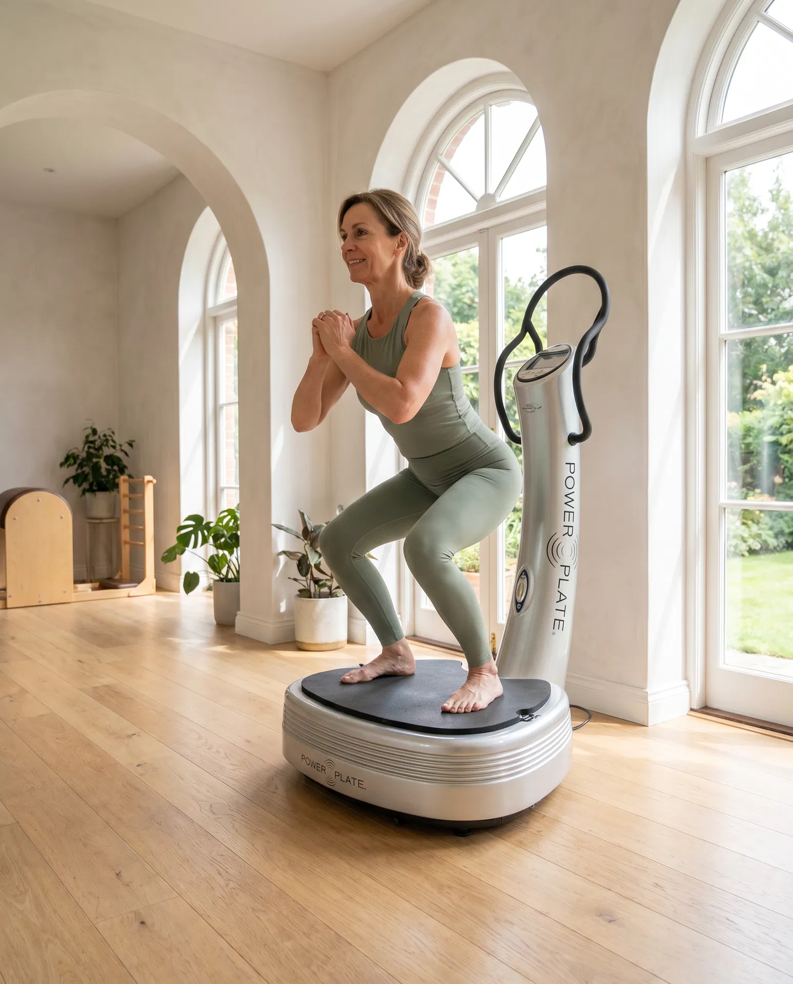 Woman in her late 40s performing a squat on a Power Plate vibration platform in a bright studio