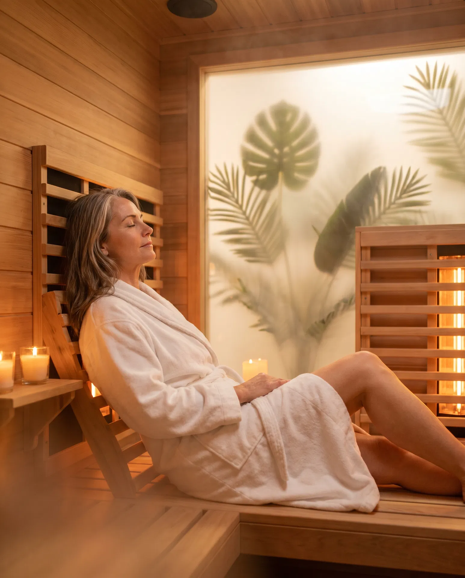 Woman in her 50s relaxing inside an infrared sauna with warm amber light
