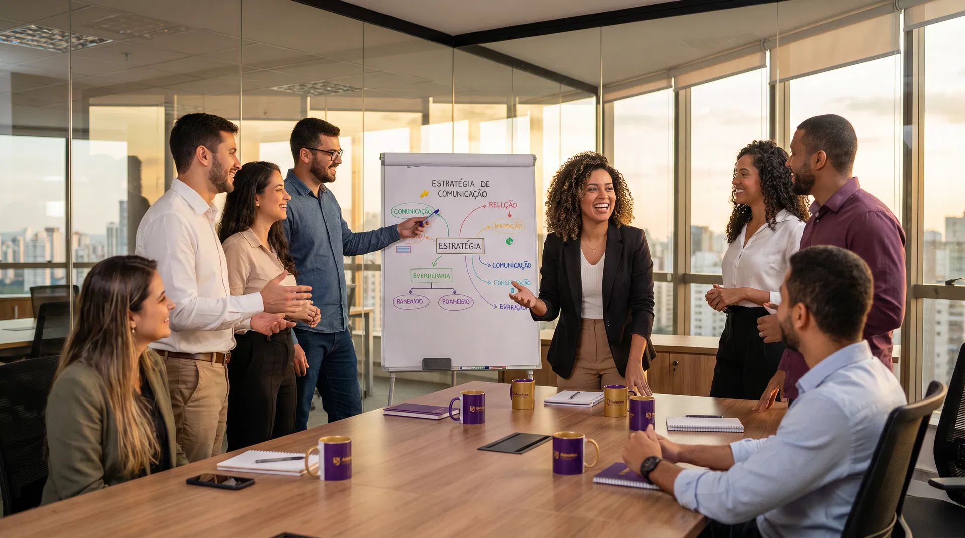 Equipe corporativa em reunião colaborativa discutindo estratégias de comunicação interna