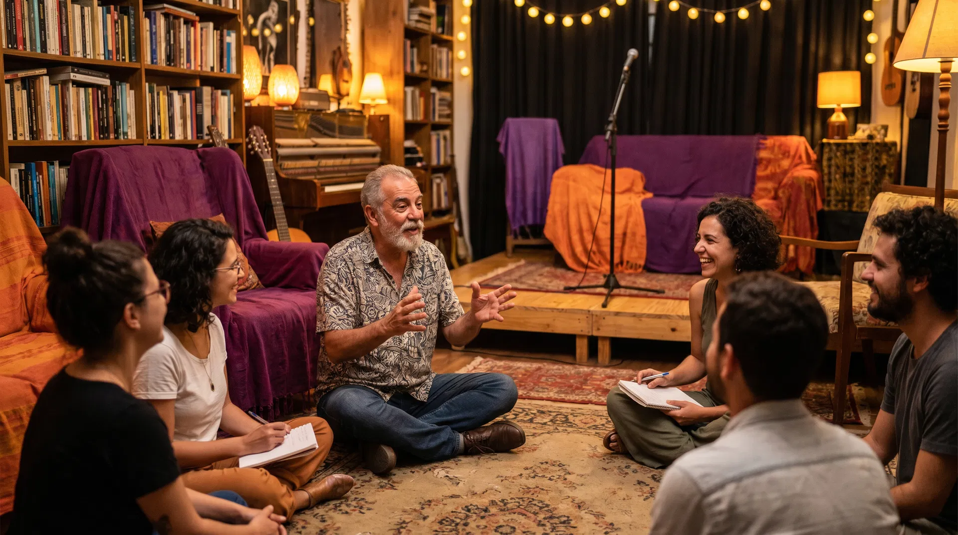 Sessão de mentoria de storytelling com profissionais em ambiente criativo e acolhedor