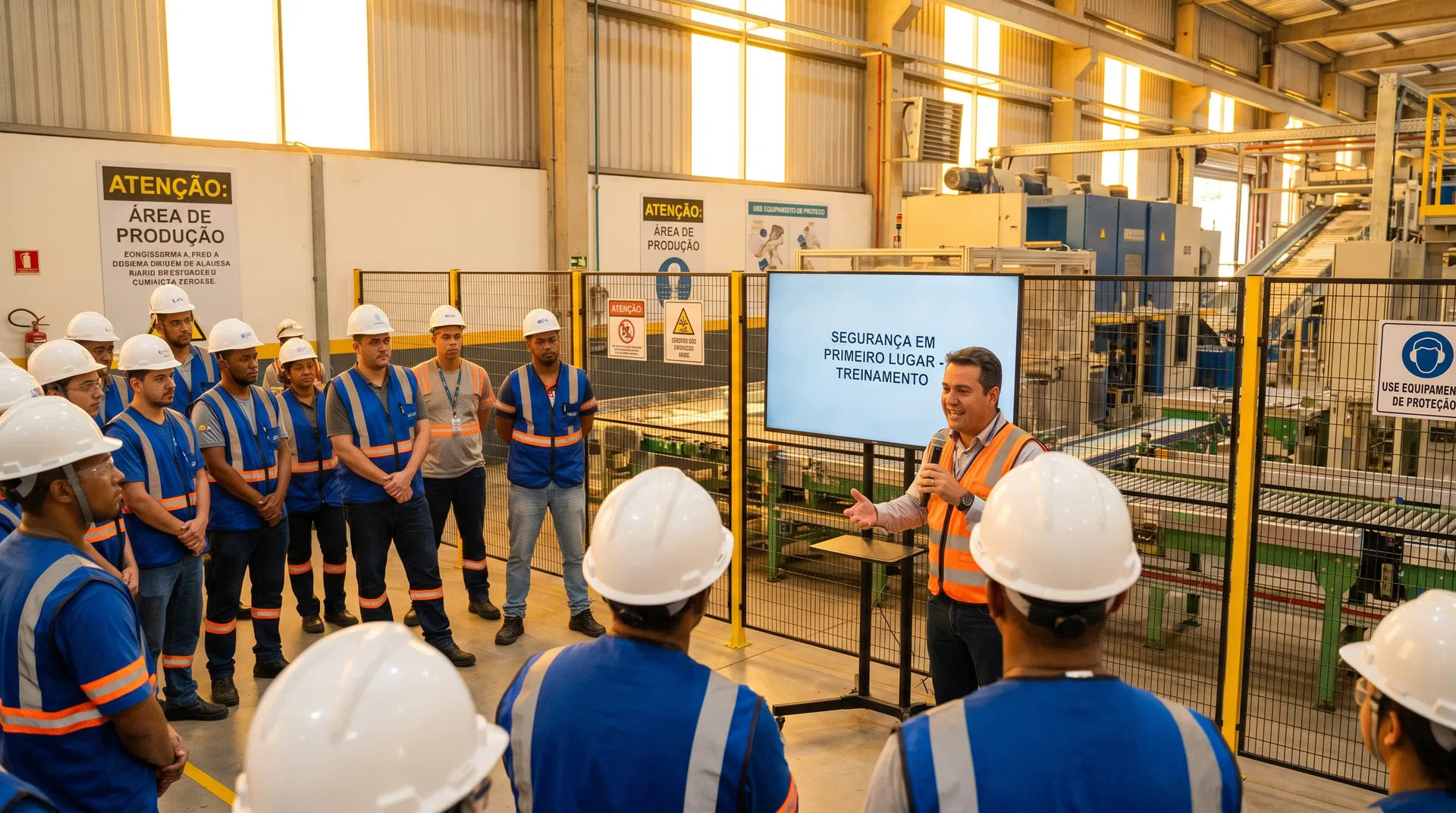 Profissionais de segurança do trabalho em treinamento sobre riscos psicossociais e NR-1