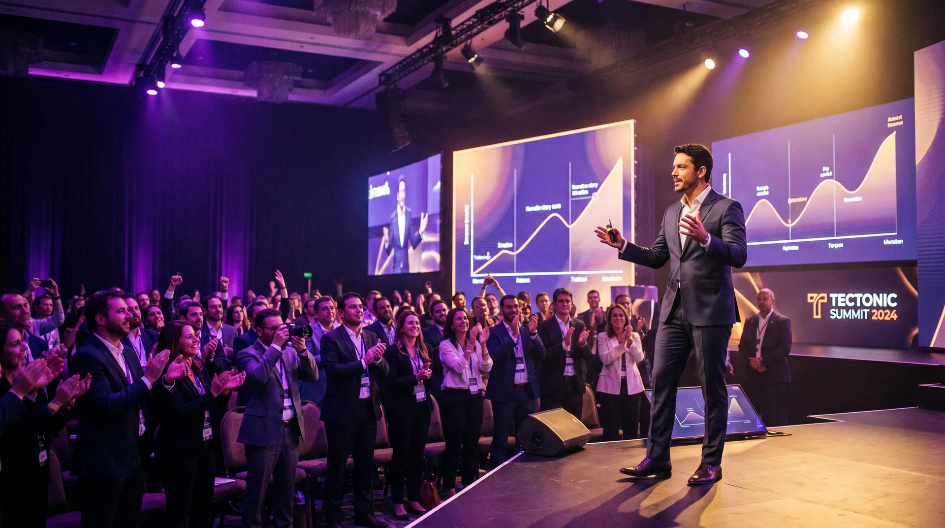 Palestrante em palco iluminado contando história envolvente para plateia corporativa