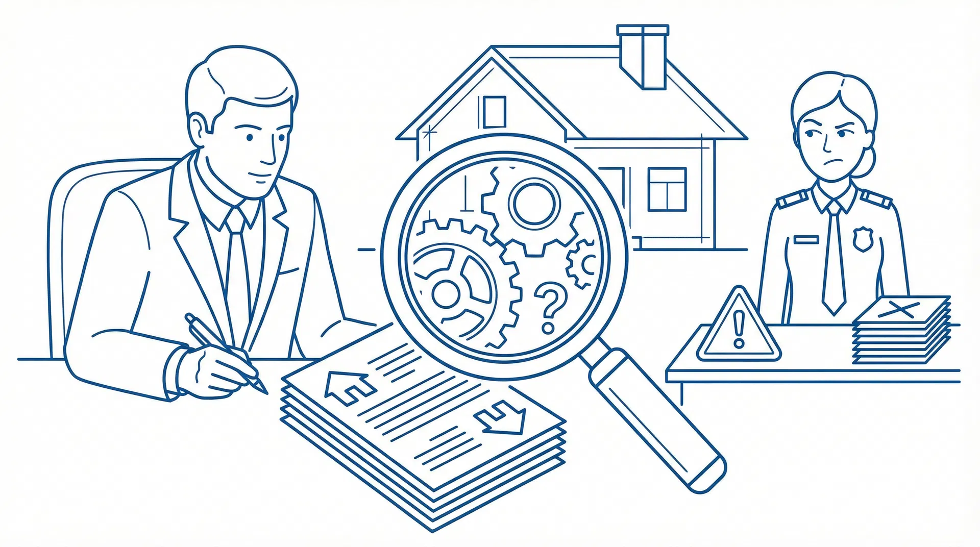 Liegen hypotheek EVR: persoon die hypotheekdocumenten ondertekent met vergrootglas