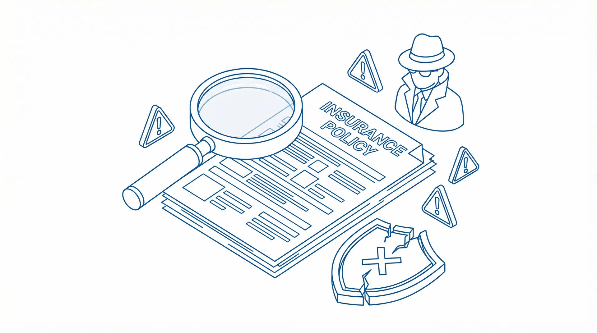 Verzekeringsfraude EVR: vergrootglas dat een verzekeringspolis onderzoekt op fraude