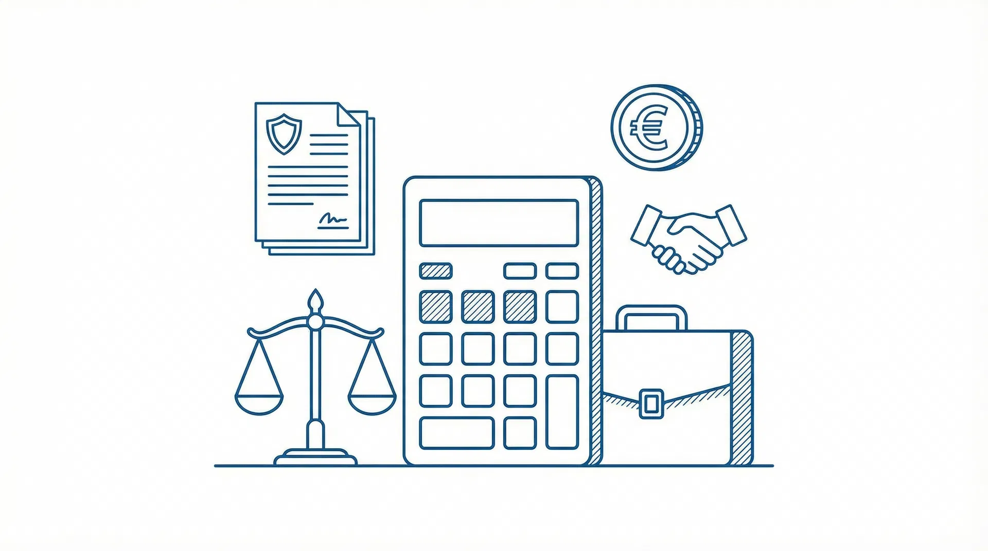 Kosten advocaat EVR: rekenmachine naast juridische documenten en weegschaal