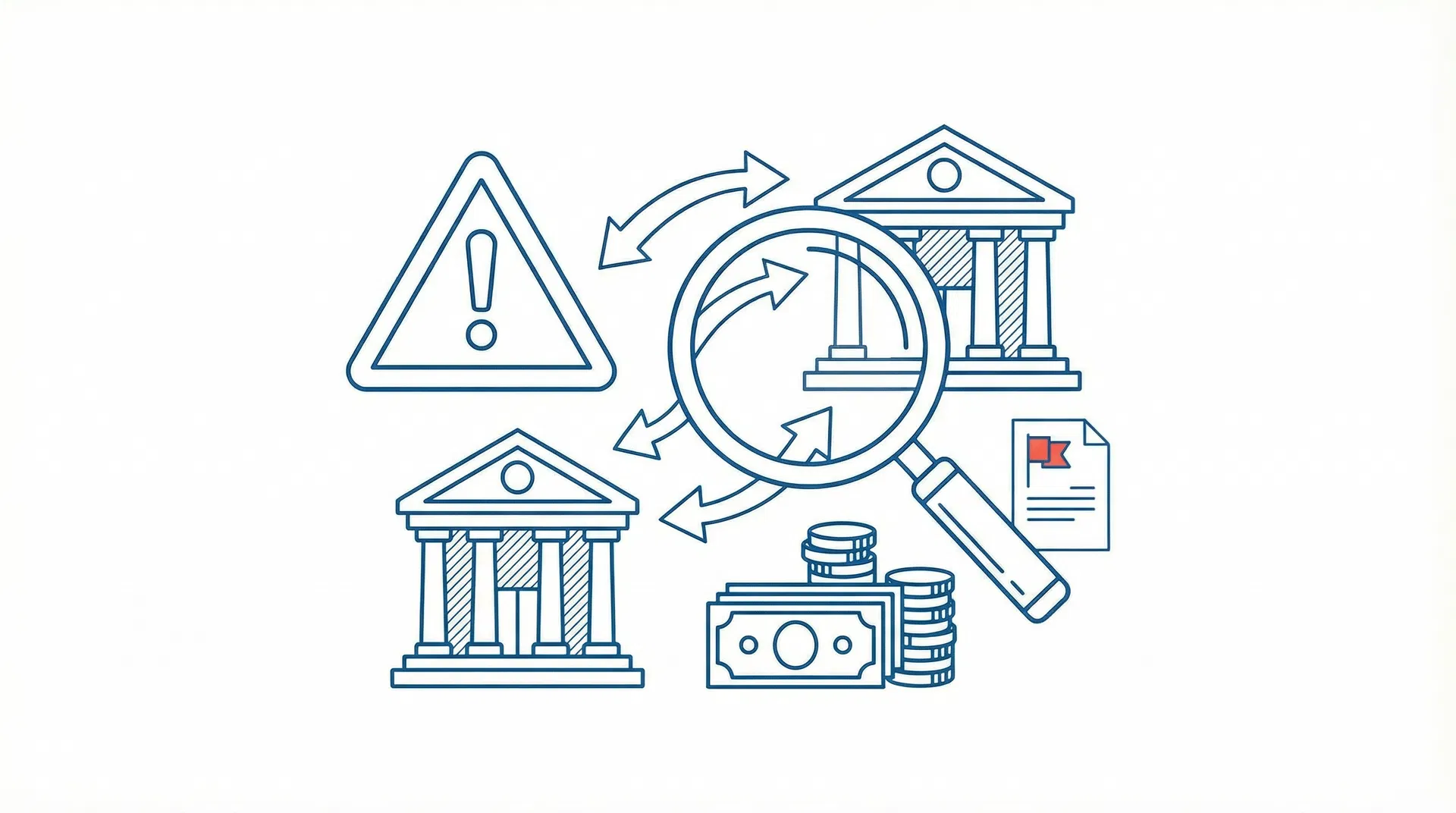 EVR-registratie witwassen: financiële transacties met waarschuwingssymbool en bankgebouw