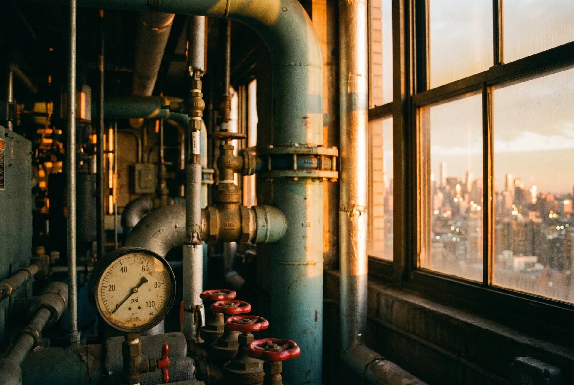 A NYC commercial mechanical room at dusk — chiller piping, brass valves, and the skyline.