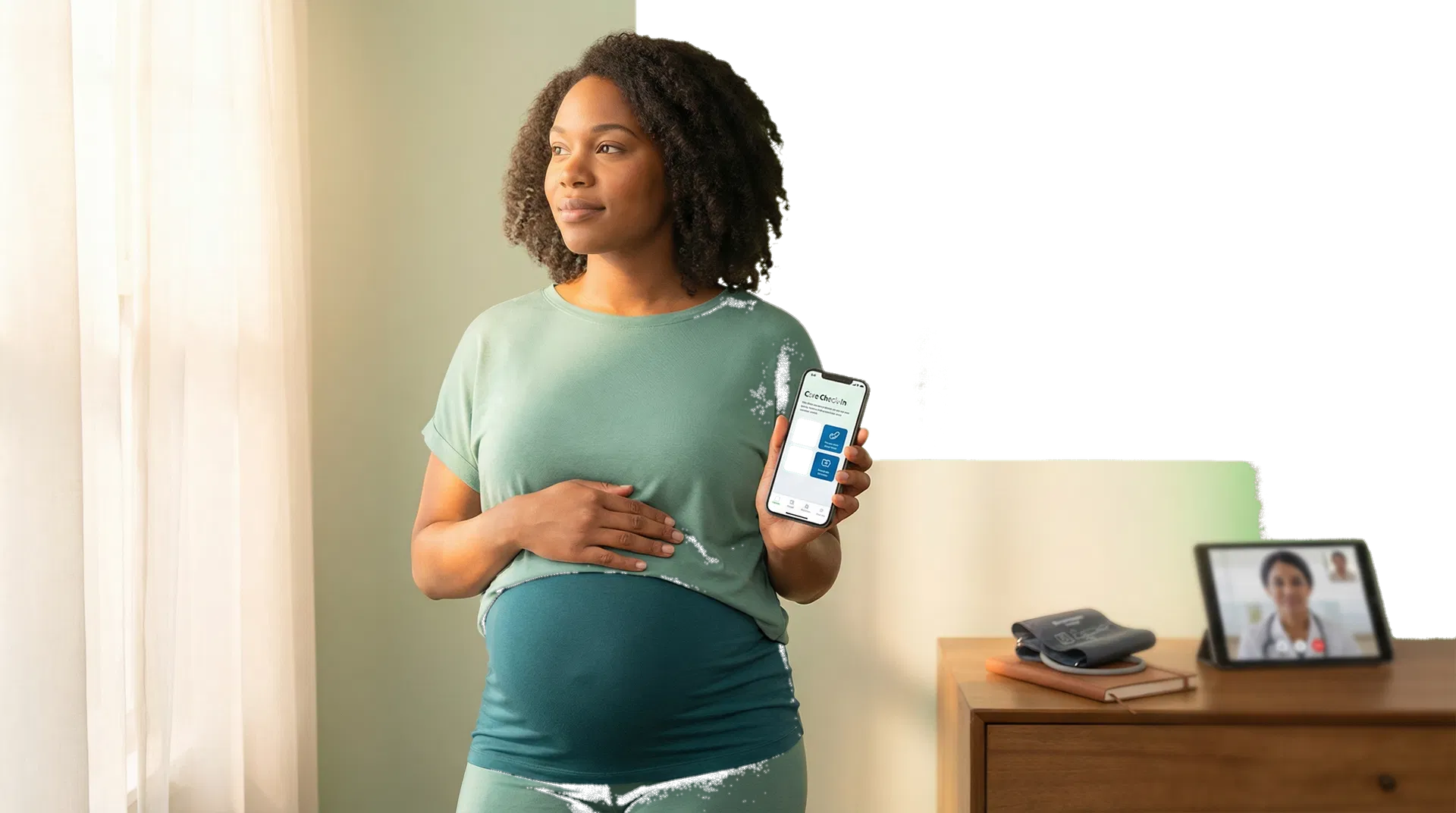 Pregnant woman receiving supportive maternal care guidance at home