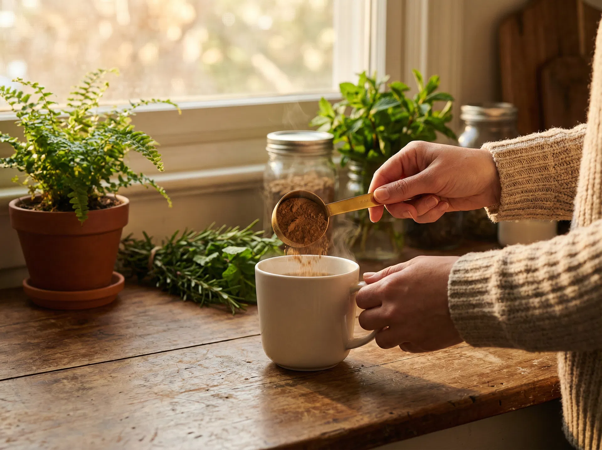 Adding mushroom powder to morning coffee