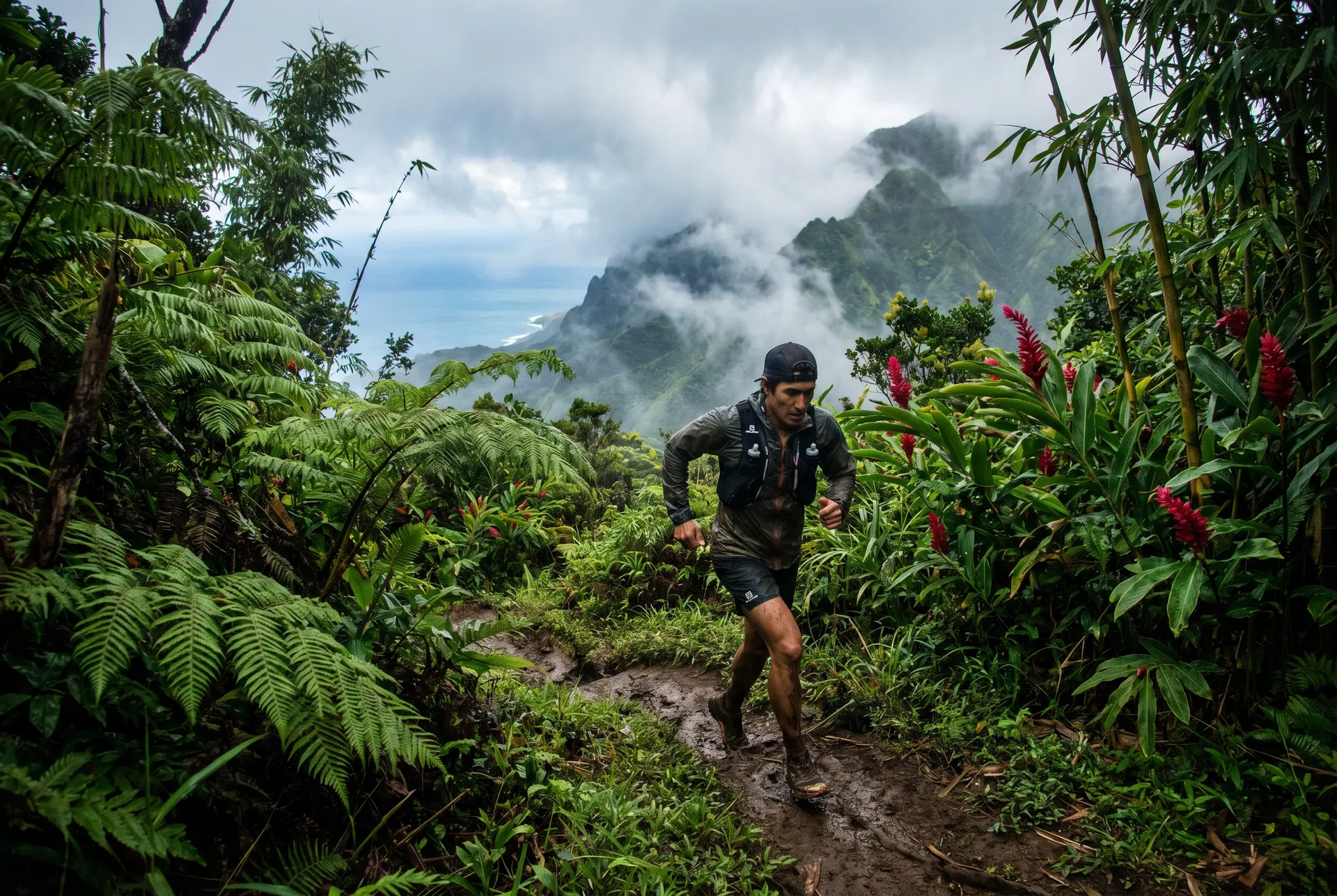 Trail runner in Kauai jungle