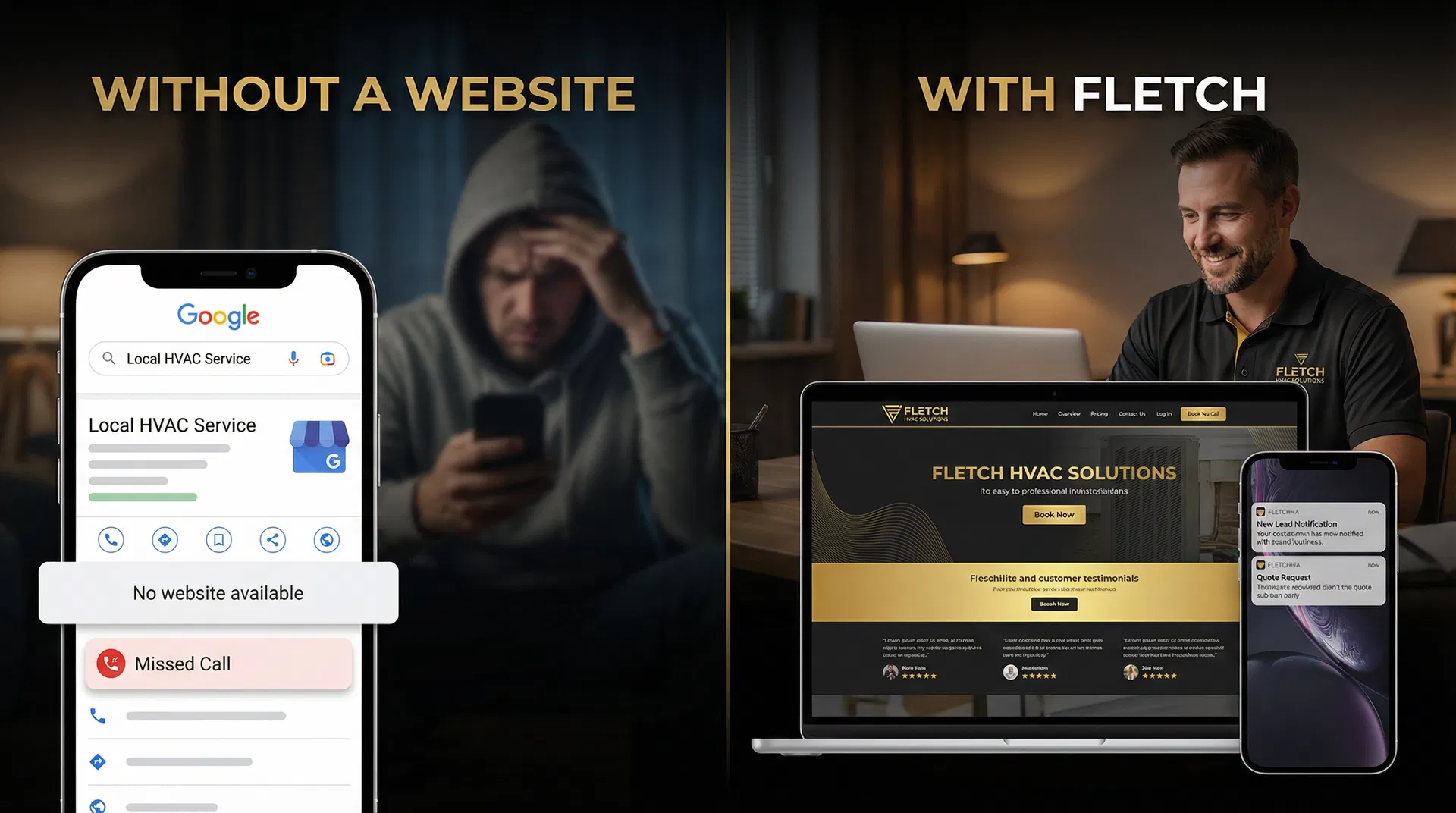 Before and after comparison — without a website vs with Fletch