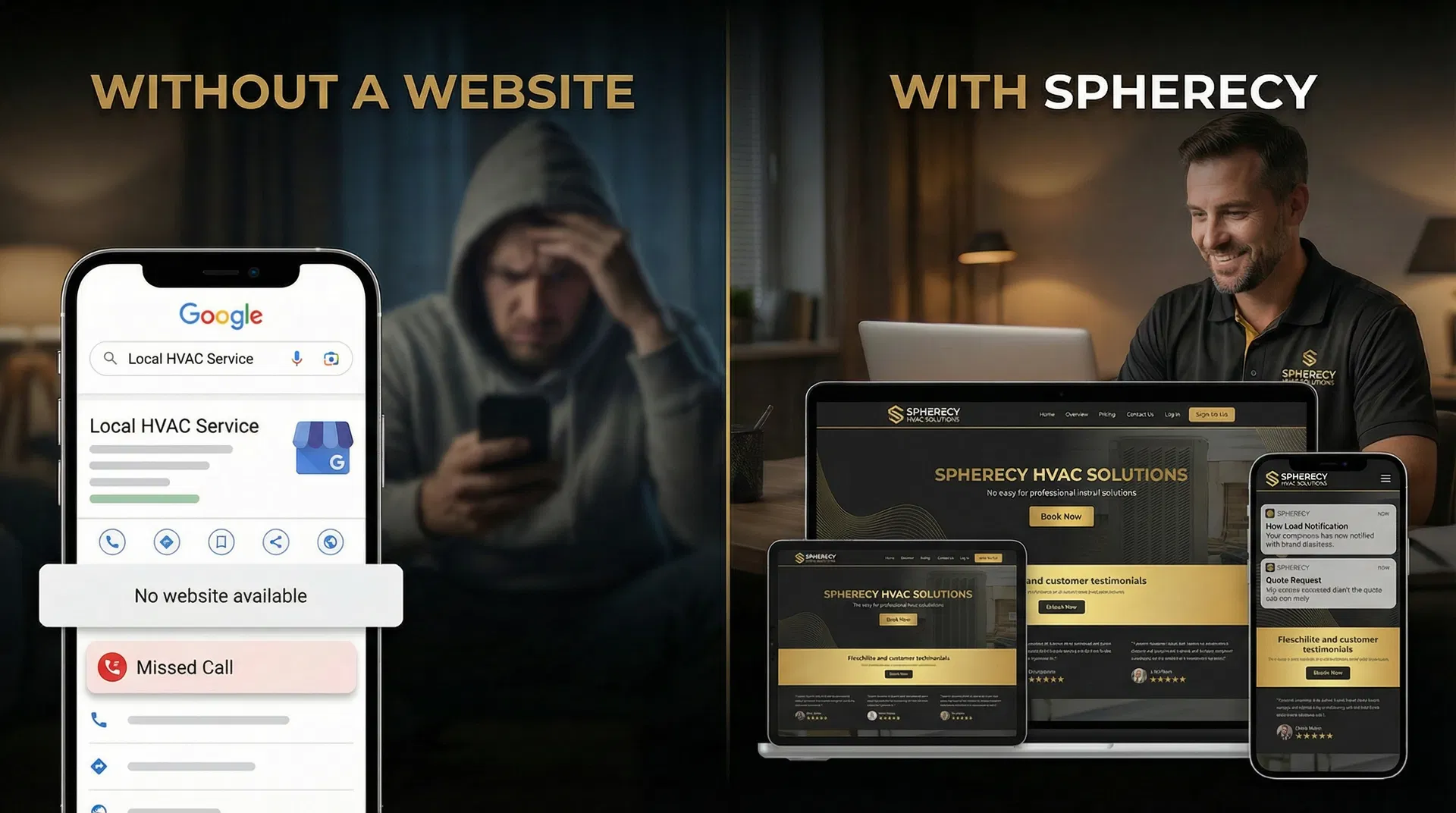 Before and after comparison — without a website vs With Spherecy