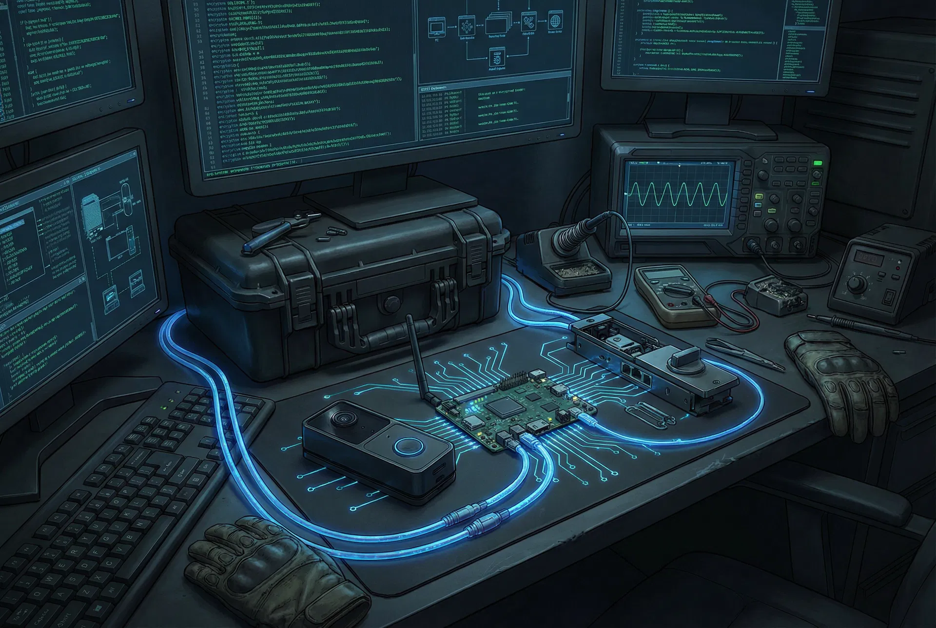Military-grade cyber workstation with IoT devices and exploit analysis