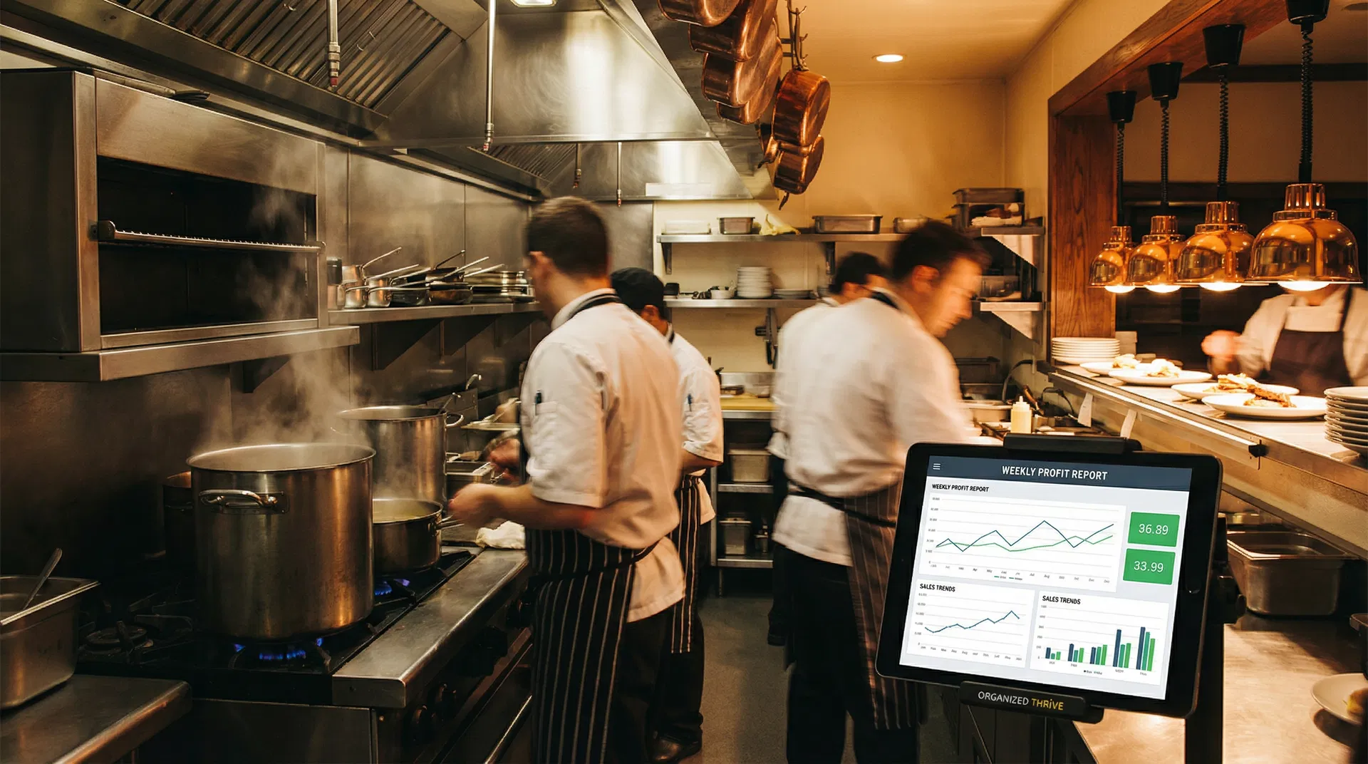 Restaurant kitchen with financial data