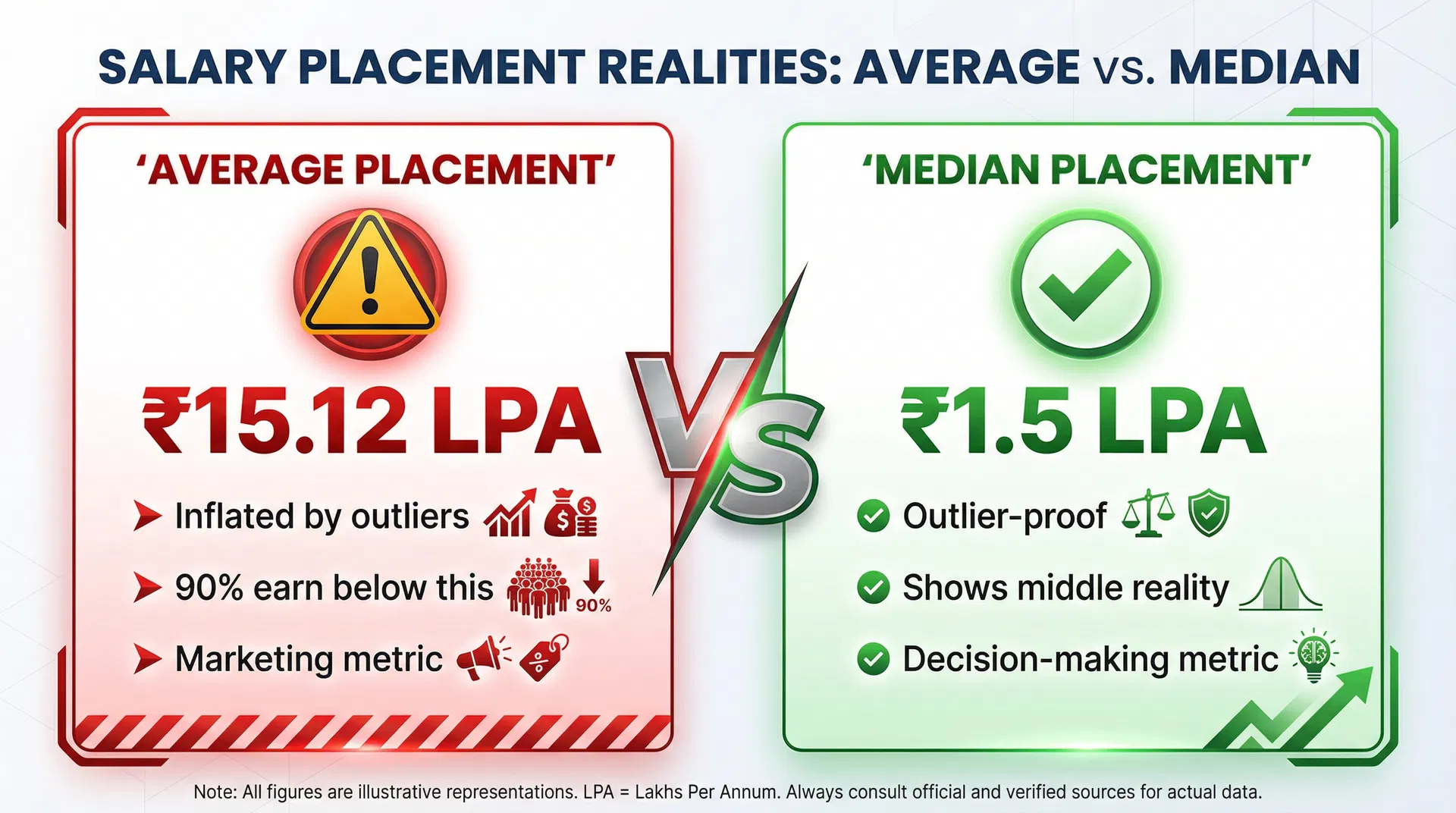 Average vs Median Comparison showing why median is more reliable for college placement decisions