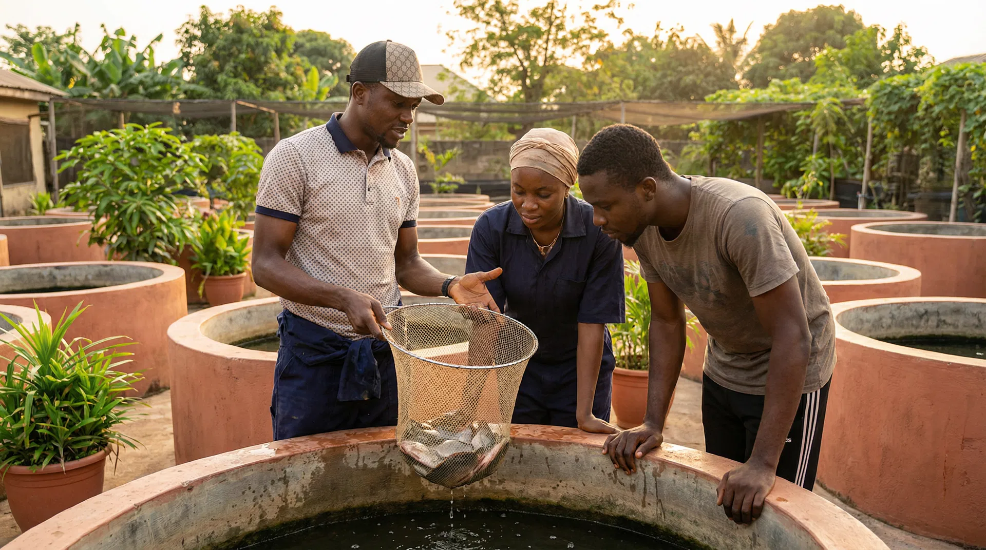 Youth learning fish farming techniques at aquaculture facility