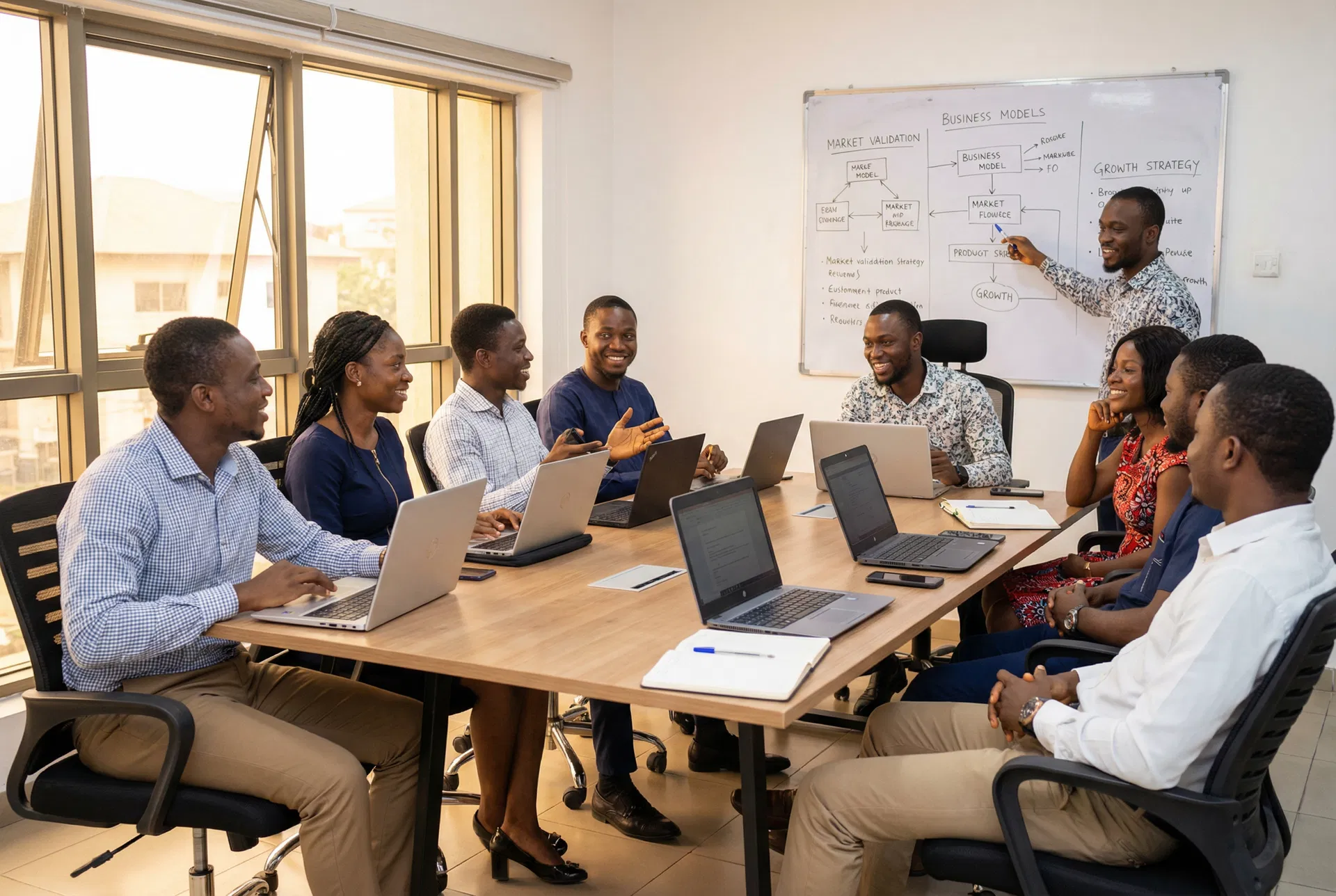 Nigerian youth in a business entrepreneurship workshop with laptops
