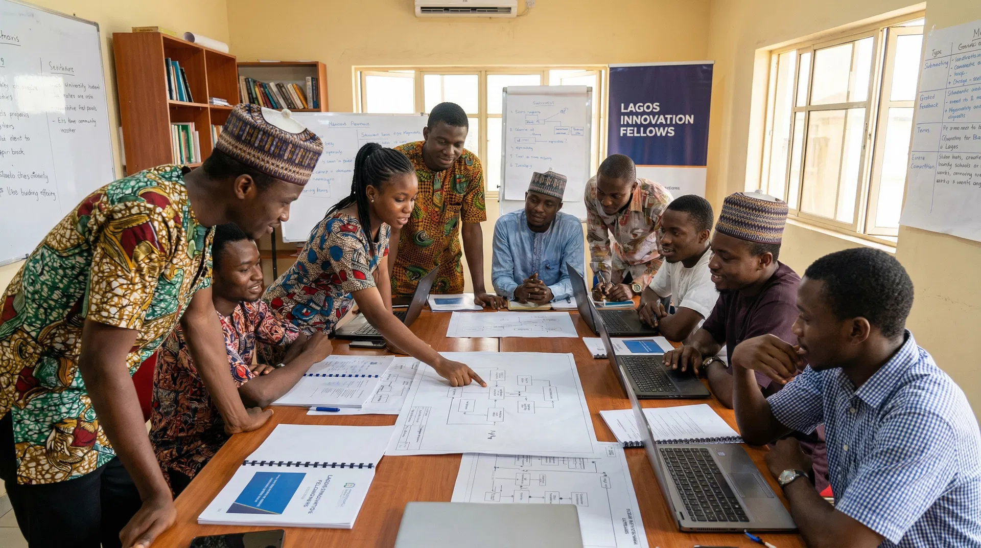 Nigerian trainees collaborating on business plans in a workshop