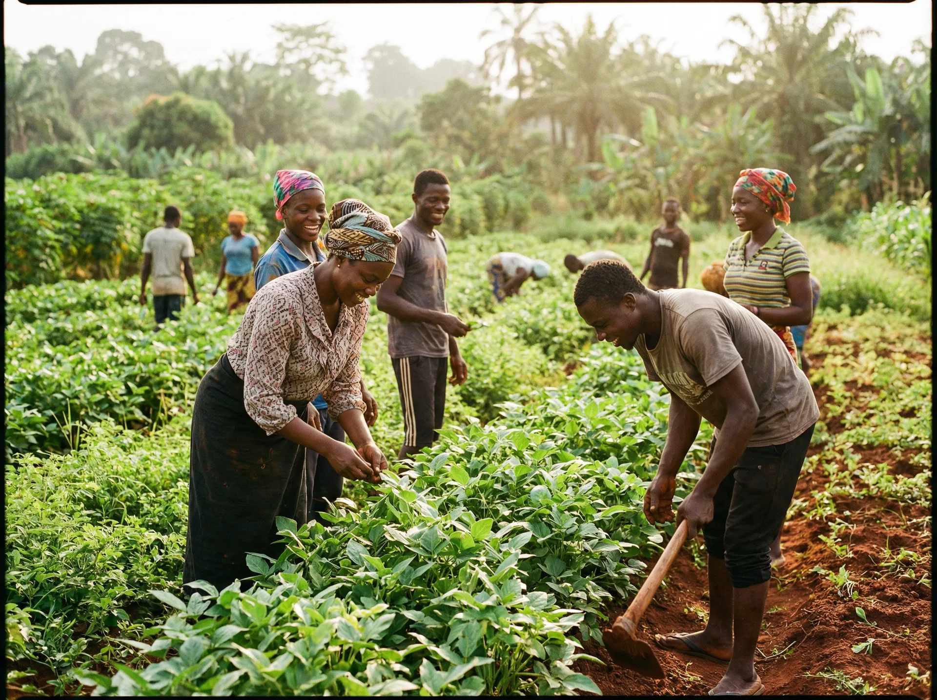 Nigerian youth working together on a farm, tending crops