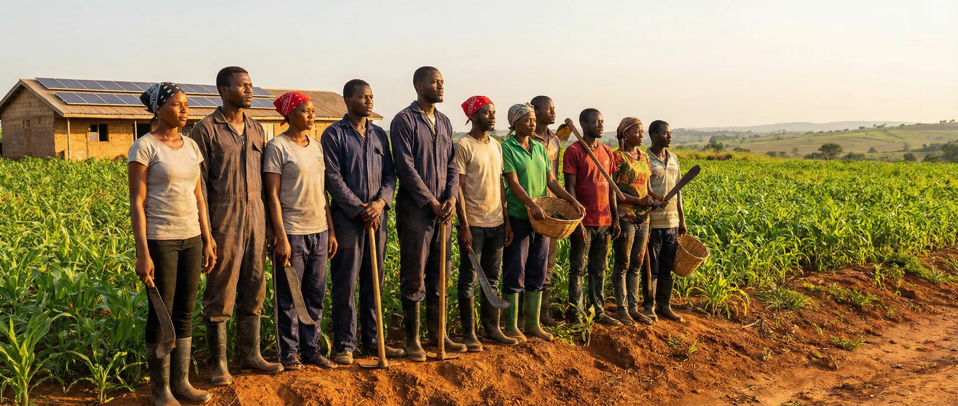 Nigerian youth standing in agricultural field at golden hour