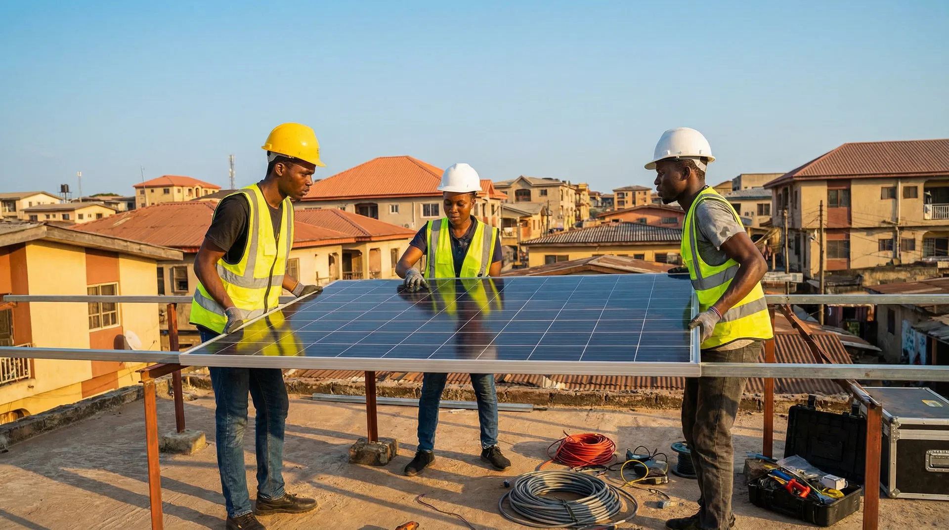 Trainees installing solar panels on a rooftop in Nigeria