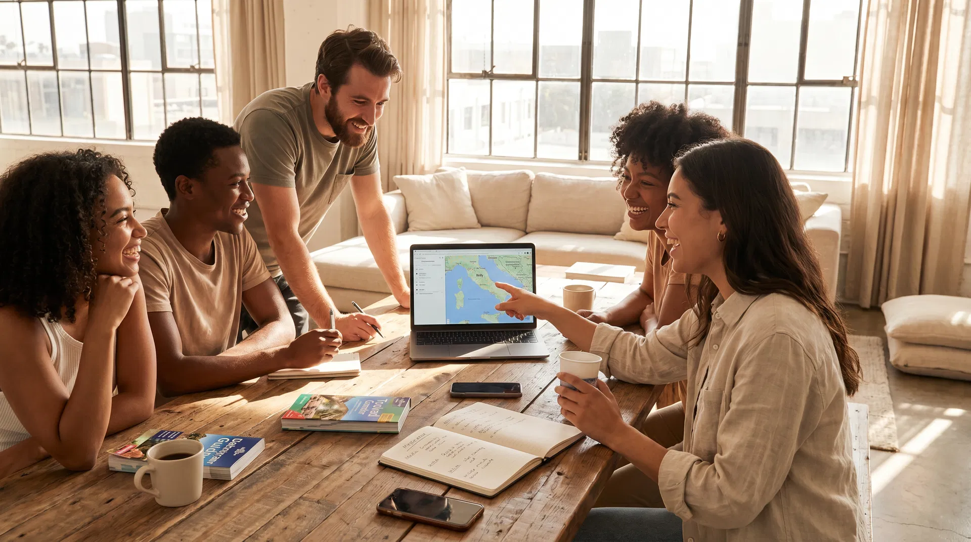 Young adults planning a trip together