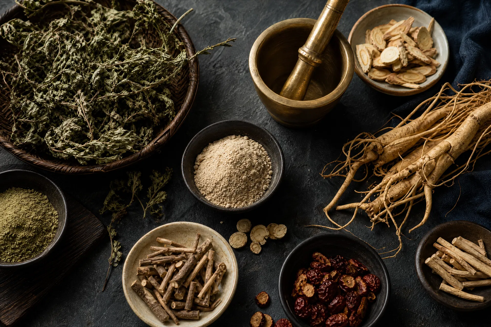 Traditional Korean hanbang herbal medicine ingredients: dried mugwort, ginseng roots, ceramic bowls of powdered herbs, and a brass mortar and pestle on a dark slate surface.