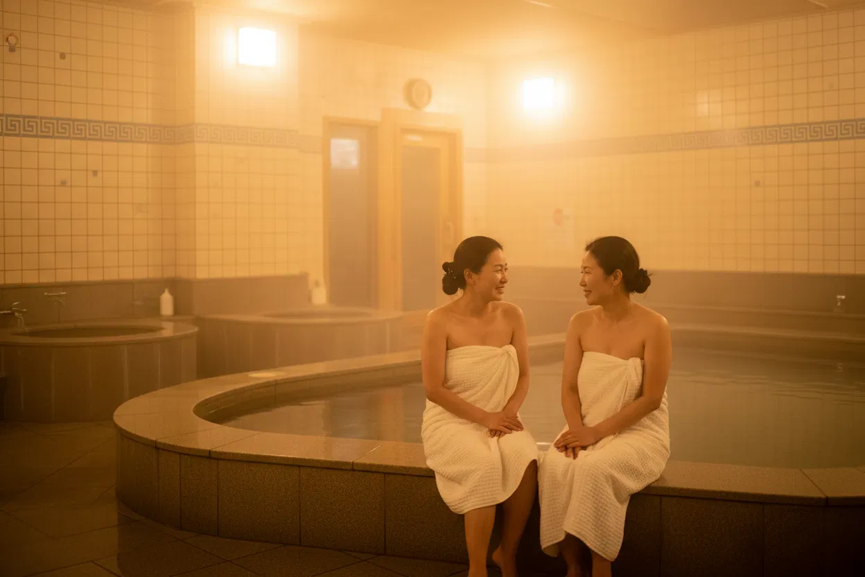 Two women in their 40s sit at the edge of a steaming stone soaking pool in a traditional Korean jjimjilbang bathhouse, wrapped in towels, talking and laughing in warm amber light.