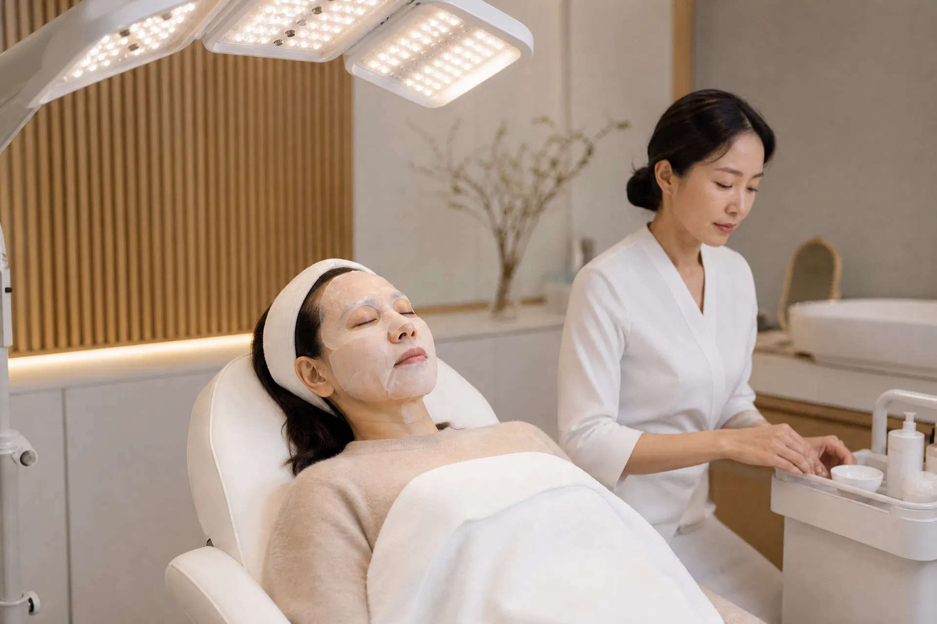 A woman in her late 40s reclines in a treatment chair with a translucent sheet mask on her face, eyes closed, in a sleek minimalist Korean skincare clinic with warm wood accents and LED light panels above.
