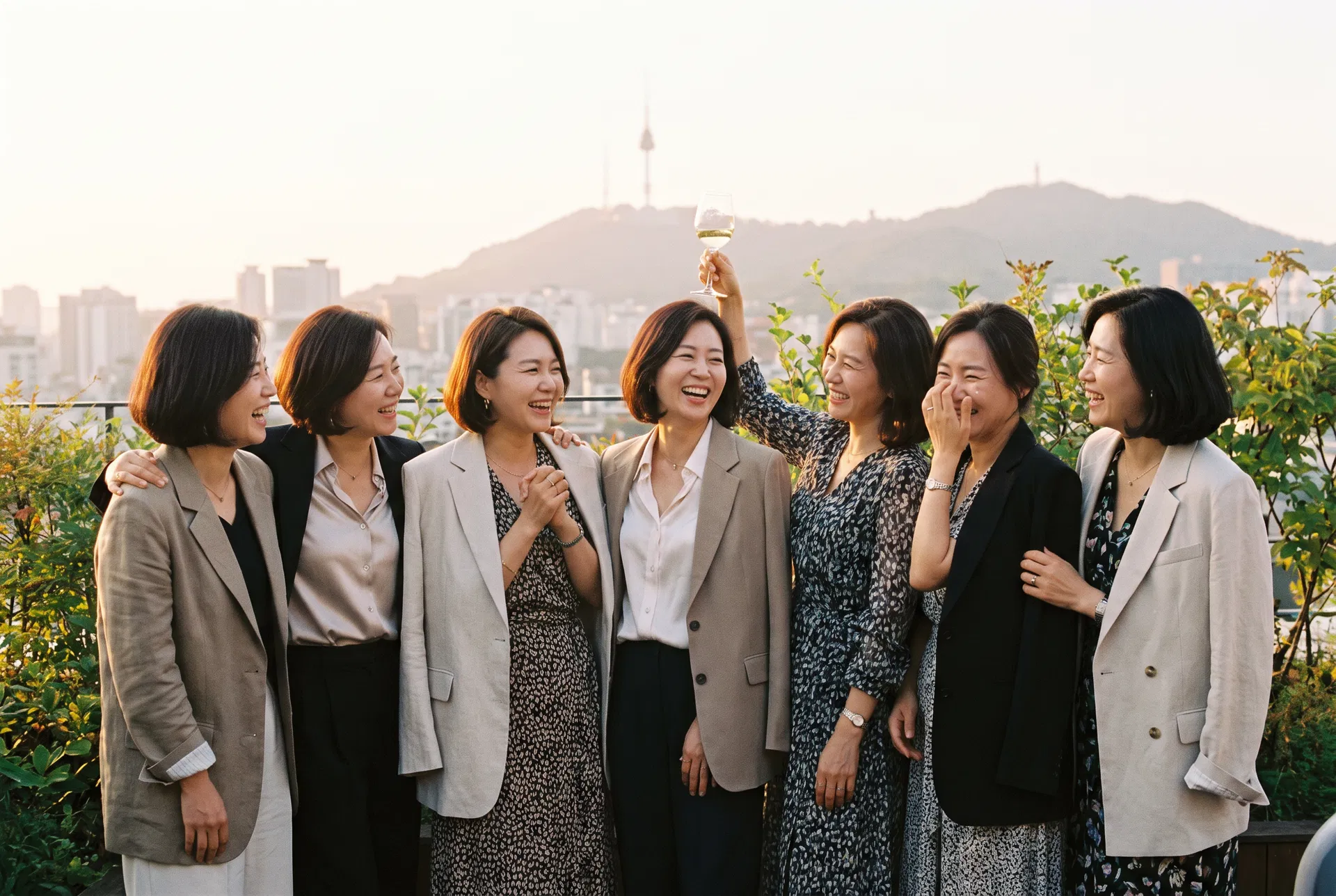 Seven women in their 40s and 50s, dressed elegantly, laughing together on a Seoul rooftop at golden hour with the city skyline and mountains visible behind them.