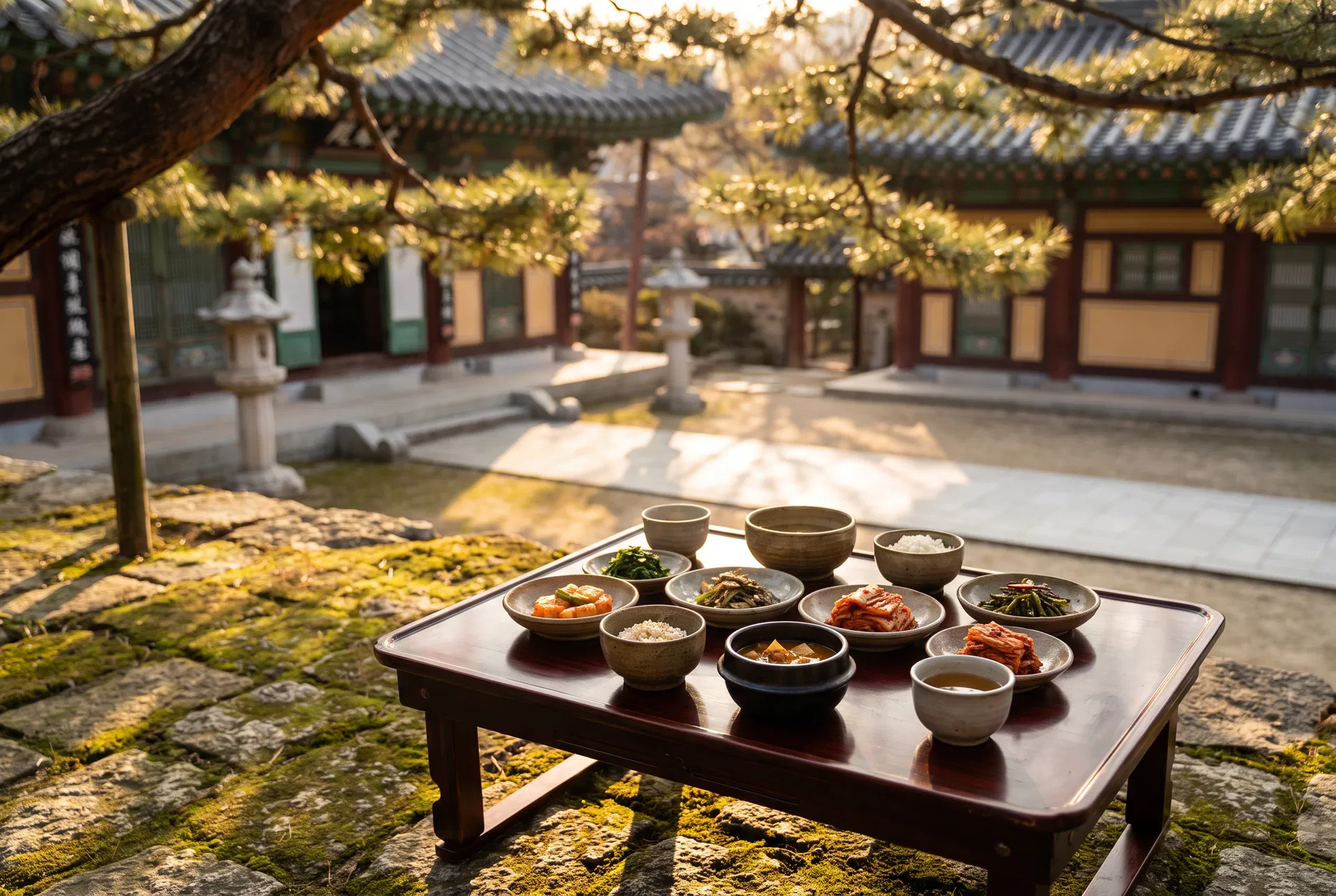 A low lacquered table set with small ceramic dishes of Korean temple food \u2014 kimchi, doenjang jjigae, pickled vegetables, and rice \u2014 in a serene Buddhist temple courtyard in Seoul, dappled light through pine trees.