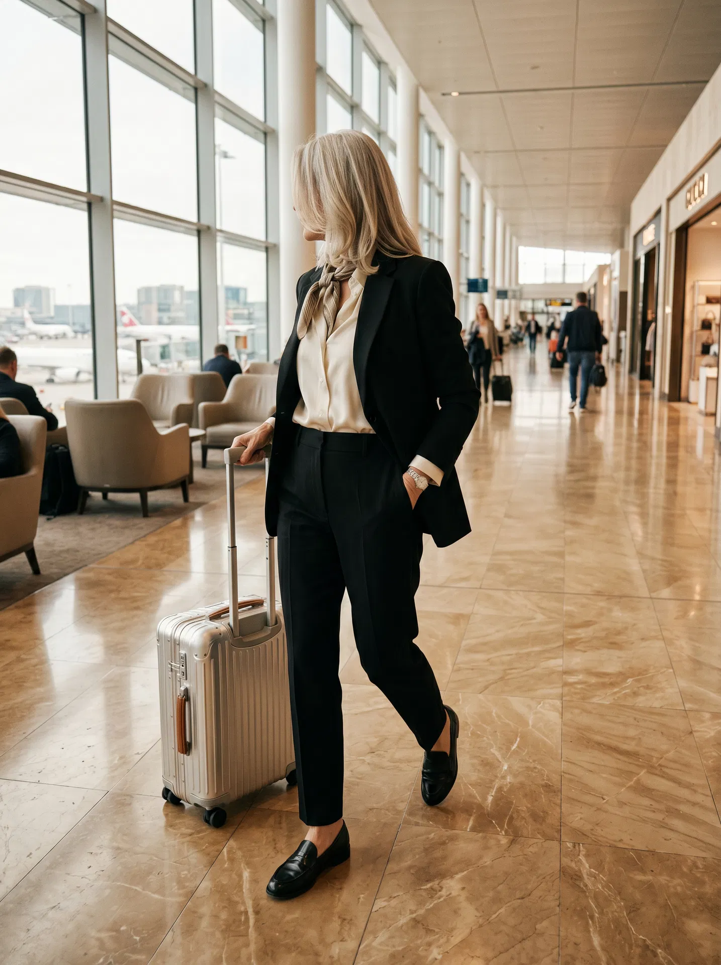 Elegant silver-haired woman in black blazer pulling a carry-on through a bright European airport