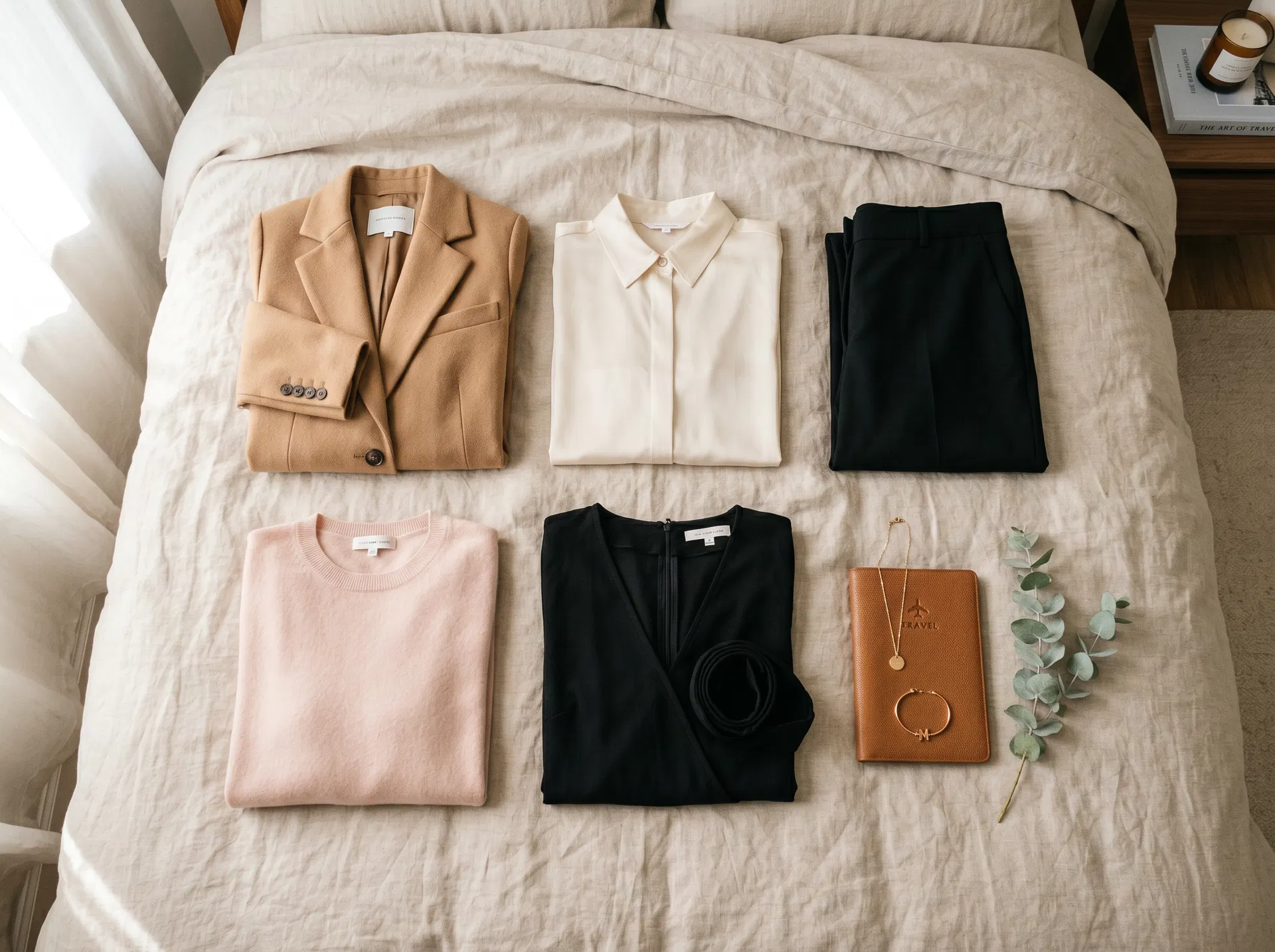 A color-coordinated travel capsule wardrobe laid flat on a linen bed