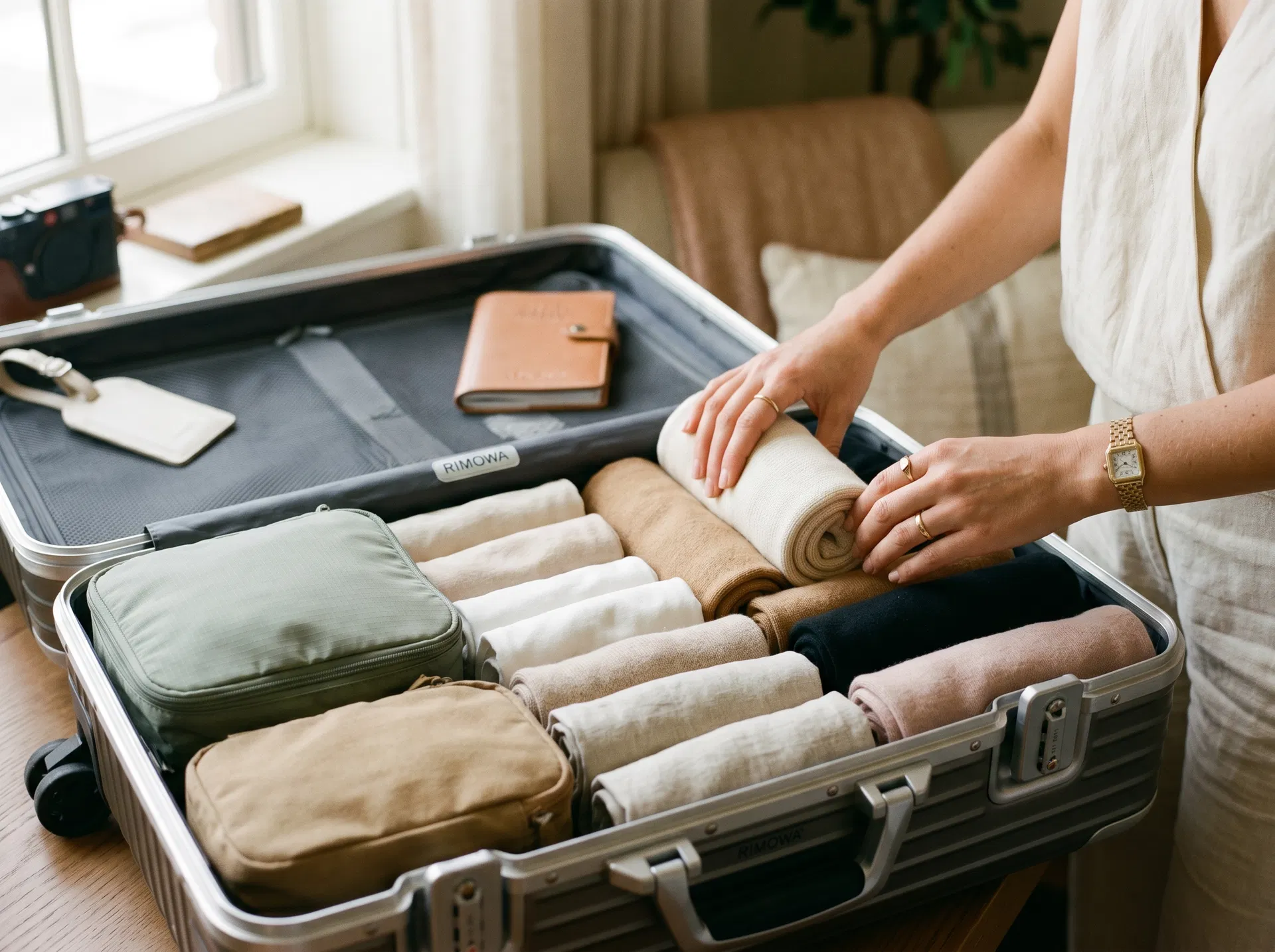 Hands rolling neutral-toned clothes into a carry-on suitcase with packing cubes