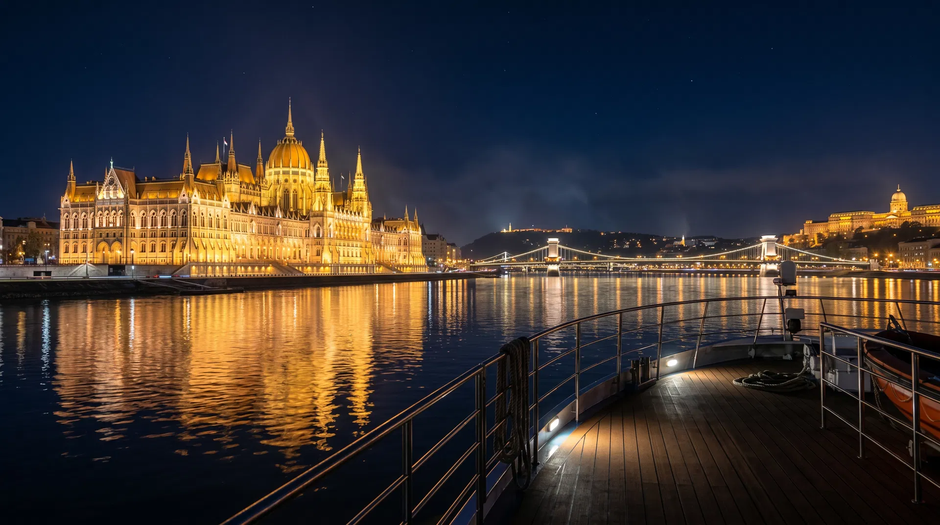 Hungarian Parliament Building glowing gold over the Danube at night from a river cruise ship
