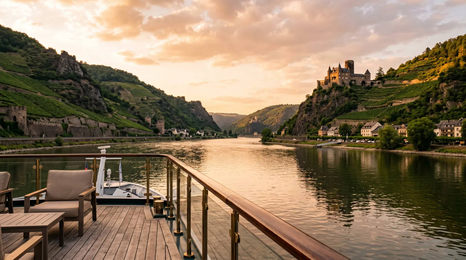 Castle above the Rhine Gorge at sunset from a river cruise ship deck