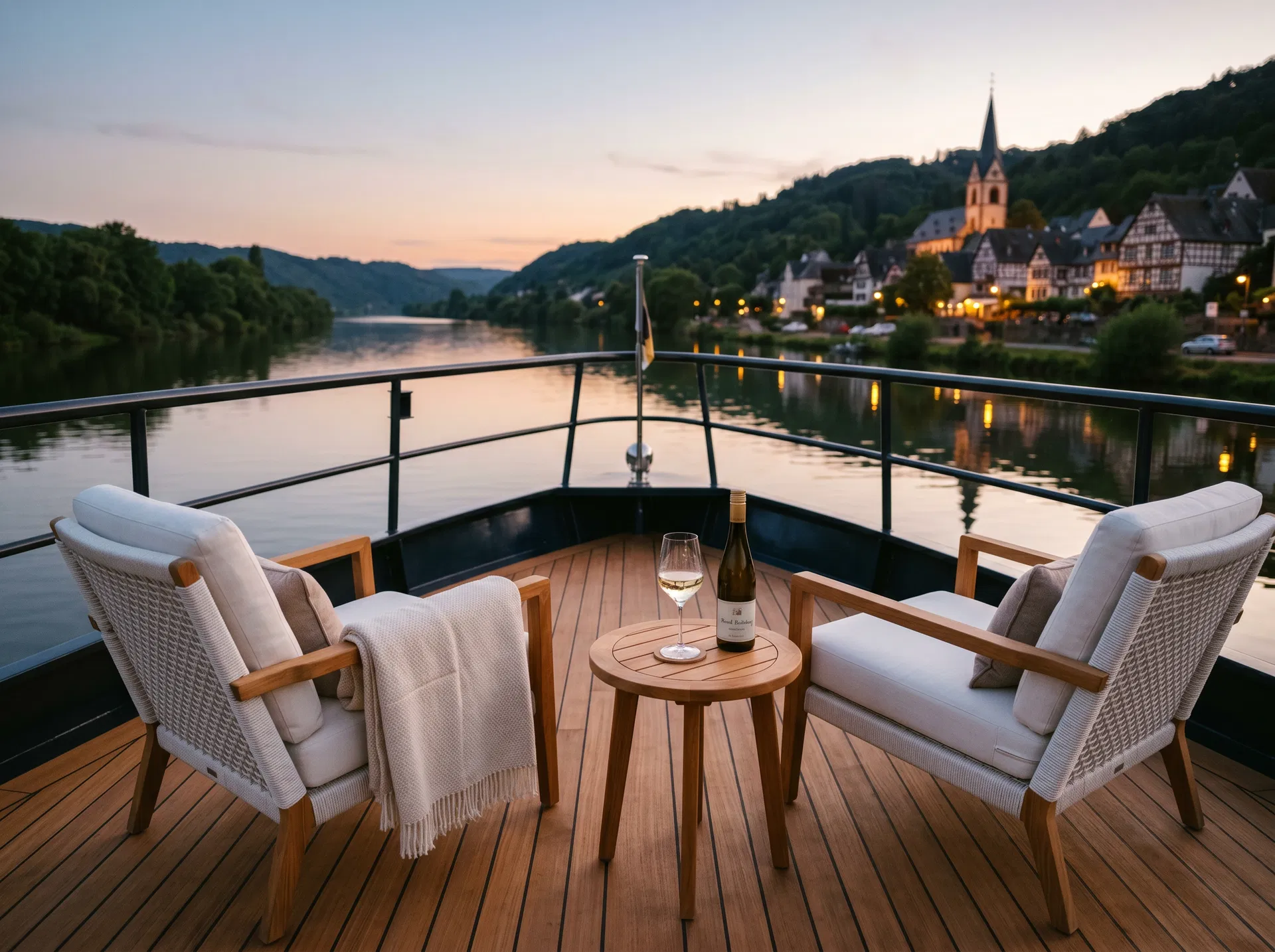Elegant top deck of a river cruise ship at dusk with Riesling wine and a German village in the background