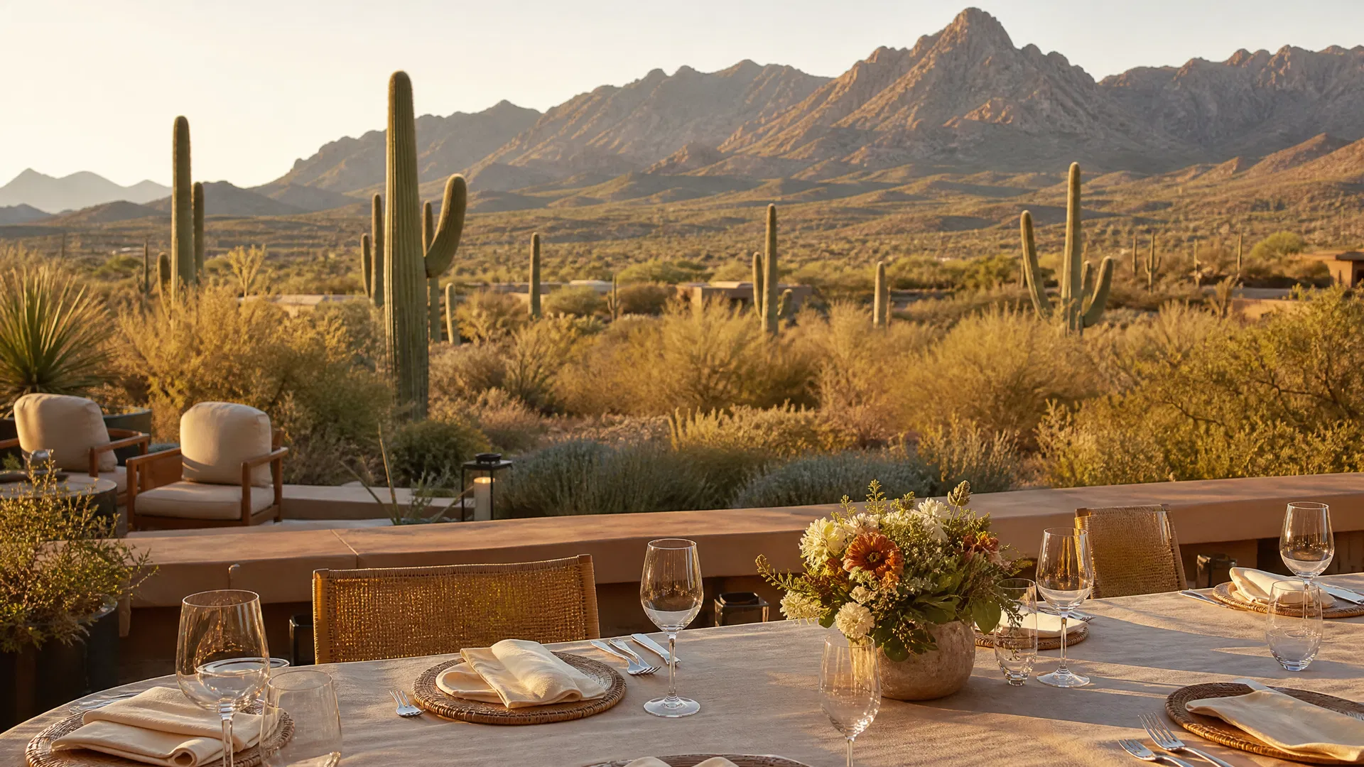 Outdoor dining in Old Town Scottsdale with Sonoran Desert landscape in January.