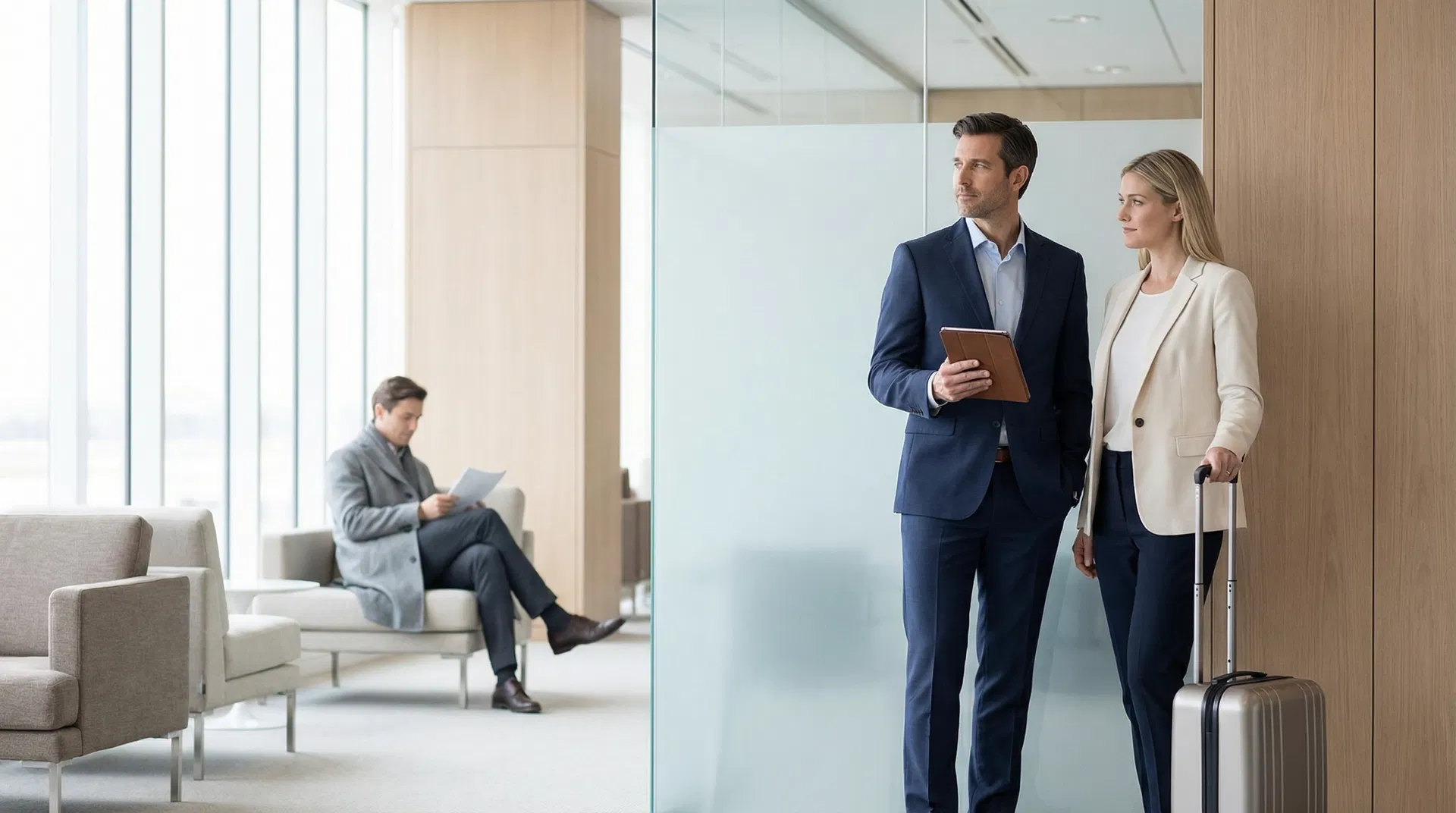 Corporate Gatherwell - Professional business travelers in luxury hotel lobby