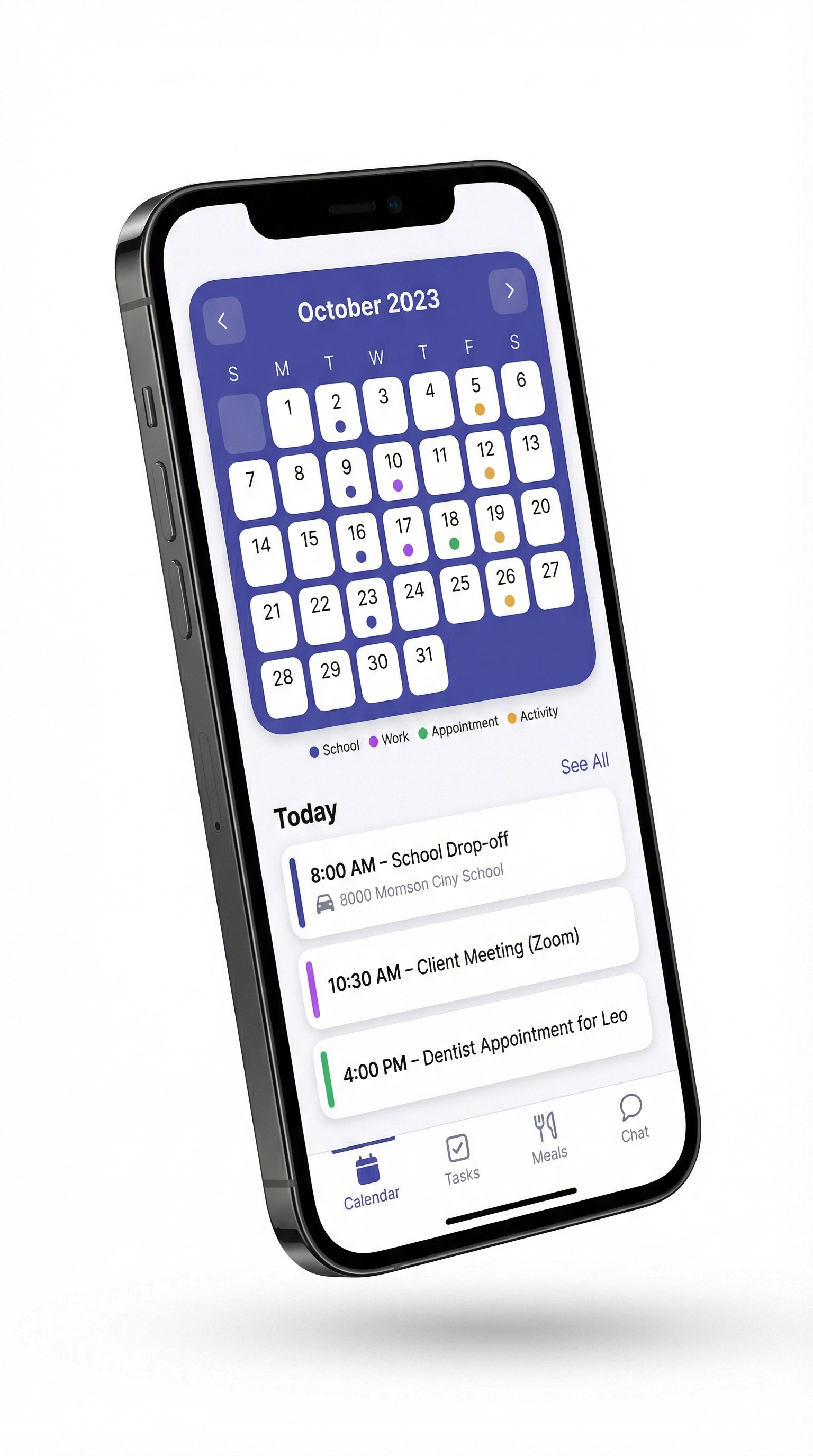Family Hub shared calendar screen on iPhone