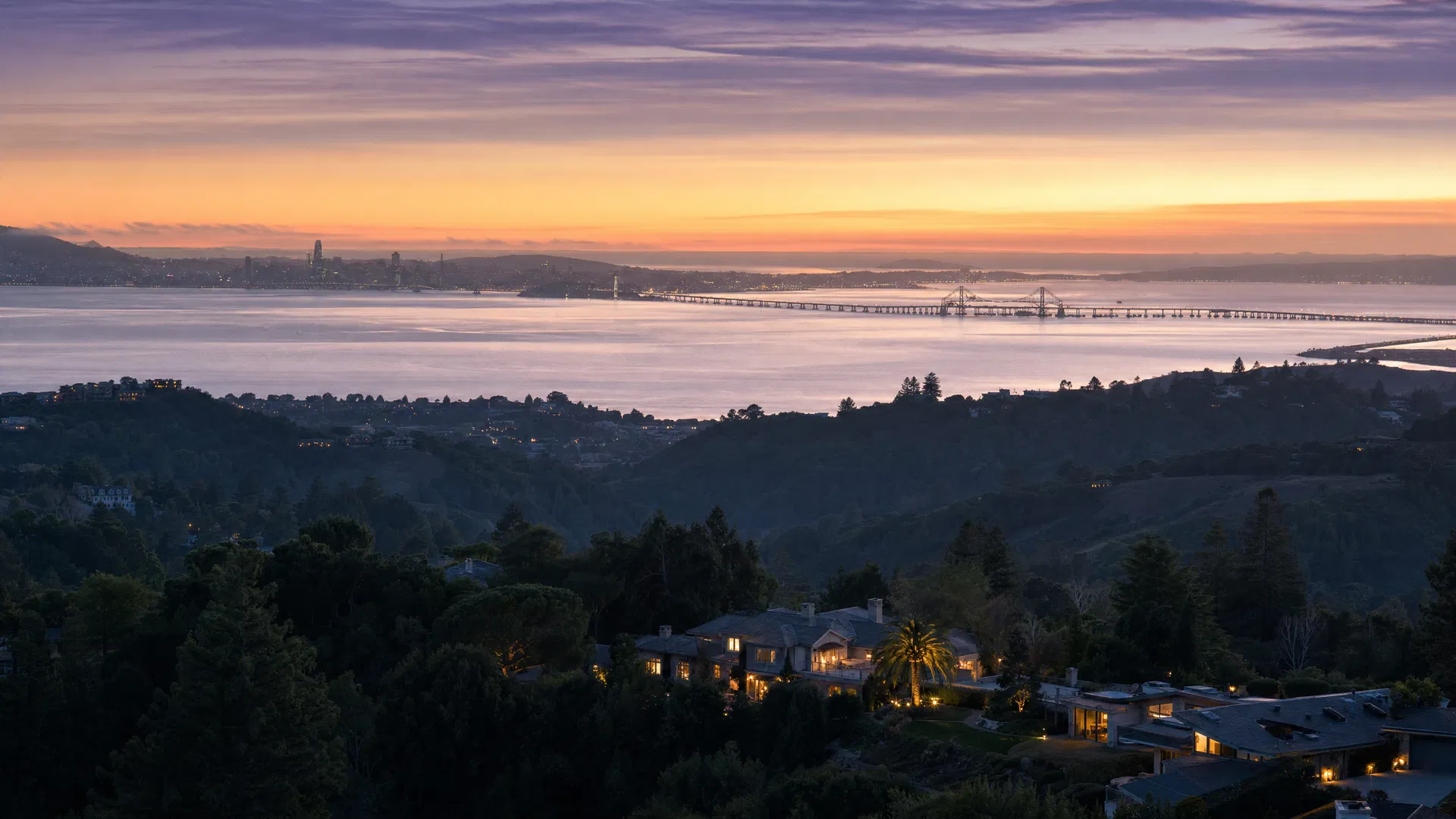 East Bay hills and the Bay Bridge at dusk