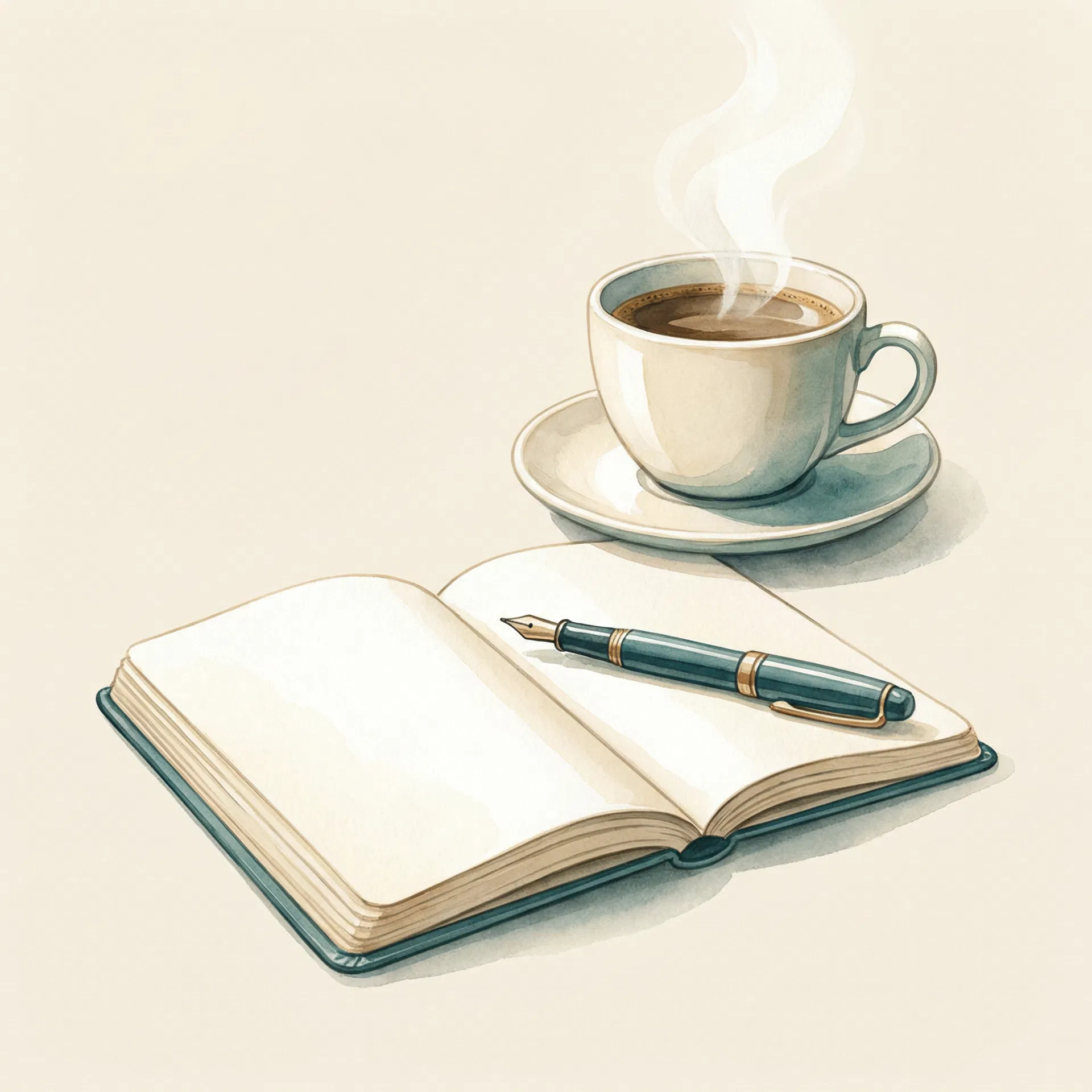 Steaming coffee cup and open notebook with pen