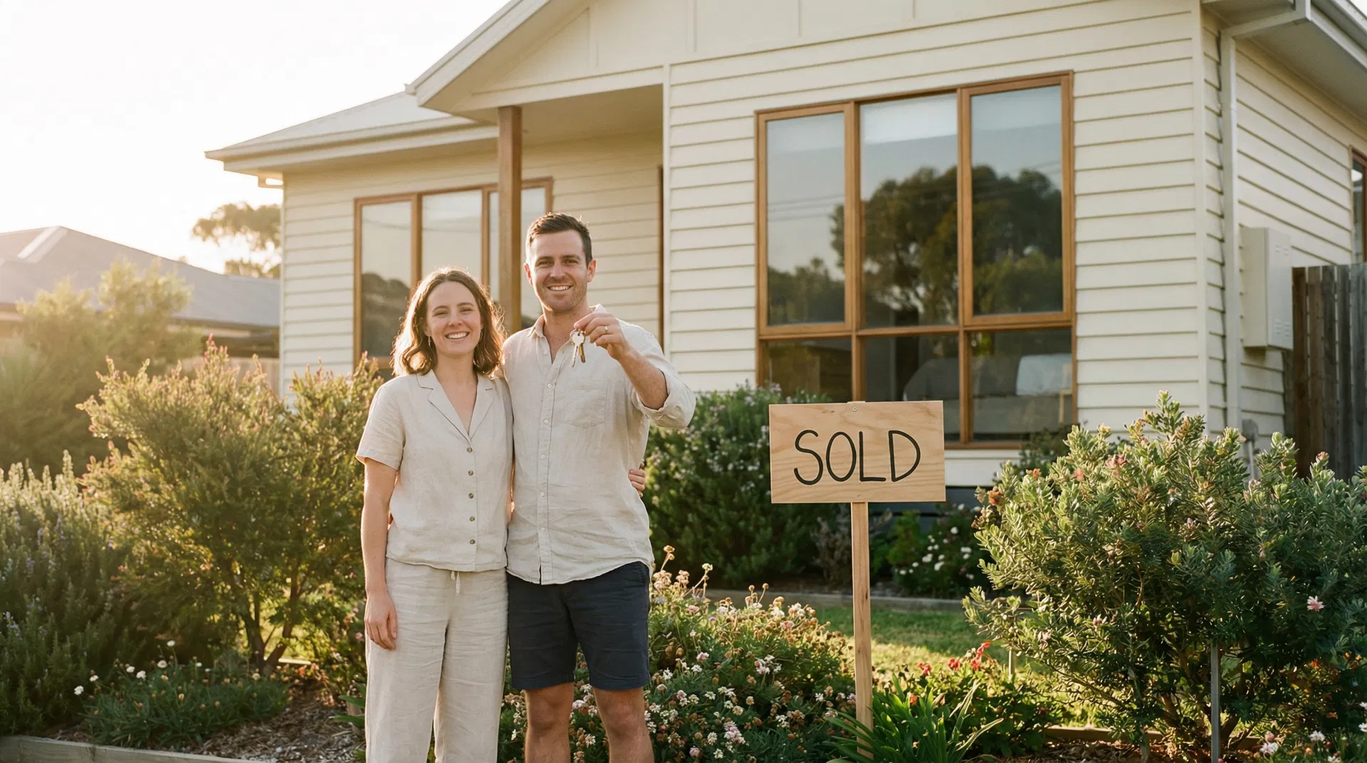 Happy couple in front of their home