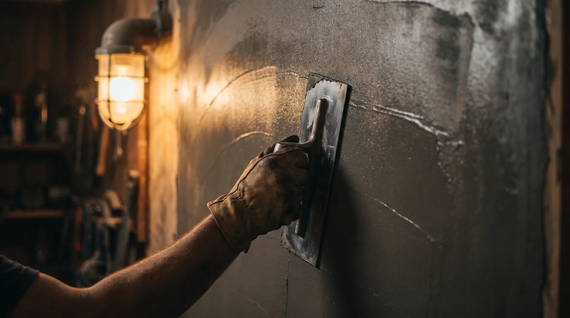 Master craftsman applying microcement with precision